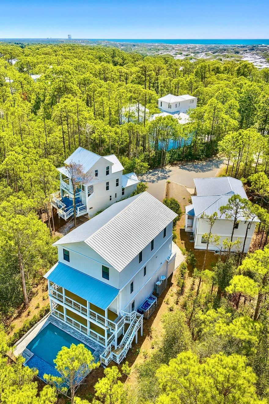 Brand new - 5 bedroom, 5.5 bath house in gated Treetops neighborhood adjacent to Seacrest with excellent rental projections ($150,000+) and deeded beach access just half a mile away. (Free golf cart beach shuttle picks up 50 yards from house) Enjoy a coastal chic, open concept design perfect for entertaining. The main floor (second floor) includes the living room, dining room, kitchen and laundry room. The first floor includes a two-car garage, entry way and two guest suites with private bathrooms. The third floor includes the spacious master suite with a luxurious master bathroom and a huge closet. The third floor also hosts two additional guest suites with private bathrooms. Treetops offers direct access to both 30A and Hwy 98 with easy access to Rosemary, Seacrest and Alys Beach.