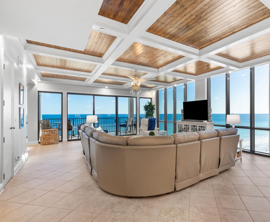 Emerald Towers is a gated Coastal condominium complex located in the heart of Destin. Upon entering this luxurious beachfront penthouse, you see the spectacular views of the white sand beach and the emerald water of the Gulf of Mexico. The open concept design with 10' ceilings, floor to ceiling windows with UV rated glass and remote-controlled power shades. The coffered ceilings throughout the residence are exquisite!  This penthouse has 3 bedrooms, 3 1/2 bathrooms, expansive living area, large dining room and a sunroom with wet bar.  From the living area and sunroom there is access to the large corner balcony with panoramic views.  Emerald Towers is one of the closest properties to the beach in Destin. Your 200' of beach frontage is only 200' from the pool to the ocean!More. . .