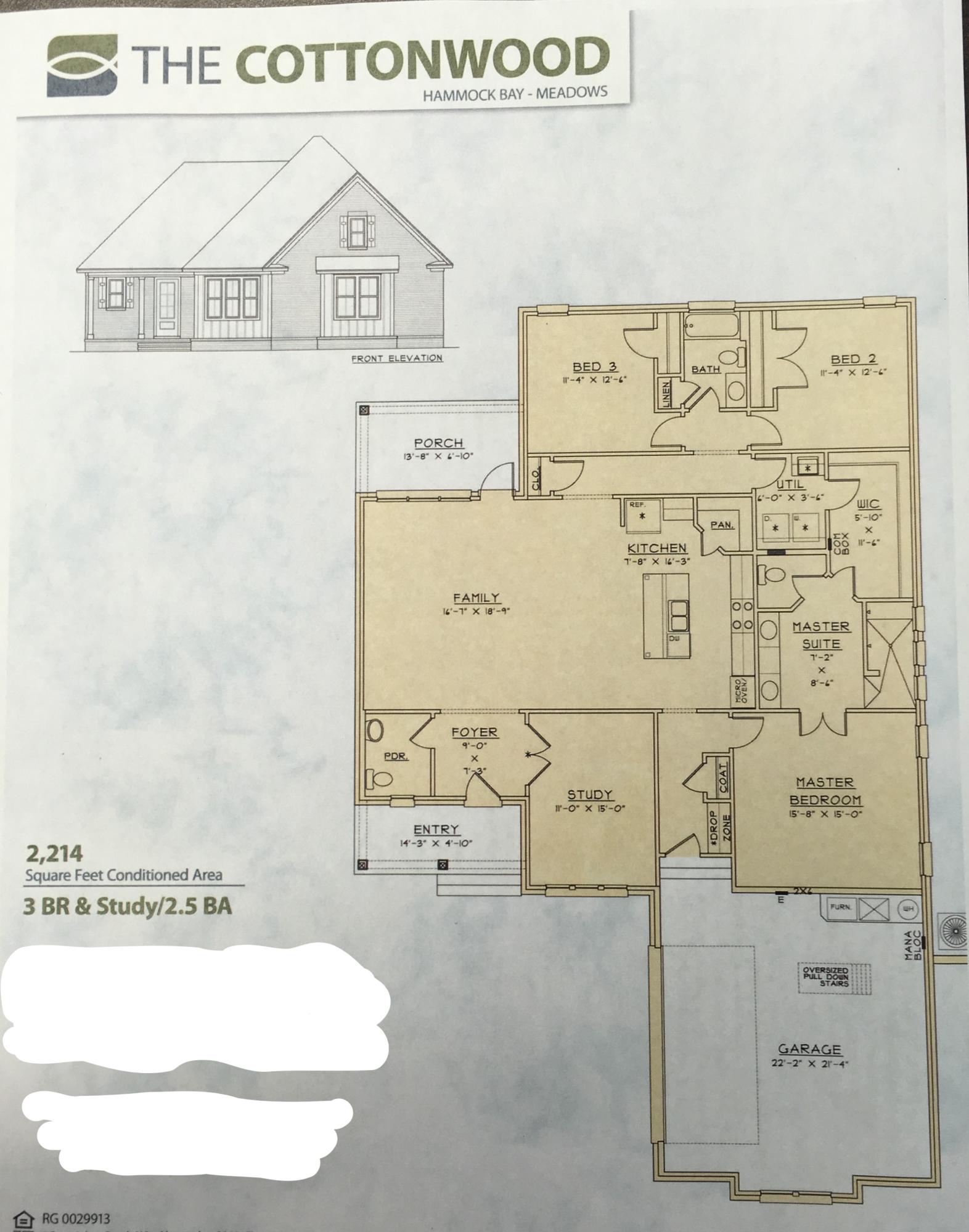 The Cottonwood plan has 2,214 square feet, 3 bedroom, plus a flex room with wood glass french doors and 2 1/2 baths. Brick exterior, extended, covered rear porch with a fan. Interior finishings include, 9' ceilings, oil rubbed bronze package, granite counter tops, laminate, tile and carpeted floor coverings, crown molding, cased windows and openings. Fence included!! Natural gas range and Rannai tank water heater. Stainless Frigidaire appliances, WoodHarbor cabinets with 100 year finish warranty, tiled shower and tub deck in master bath with 2 shower heads. Upgrades include floor plug in living room, sink in laundry room with upper and lower cabinets. Hammock Bay is a 3,200 acre development which offers a clubhouse, movie theater, pools, workout facility, nature trails.