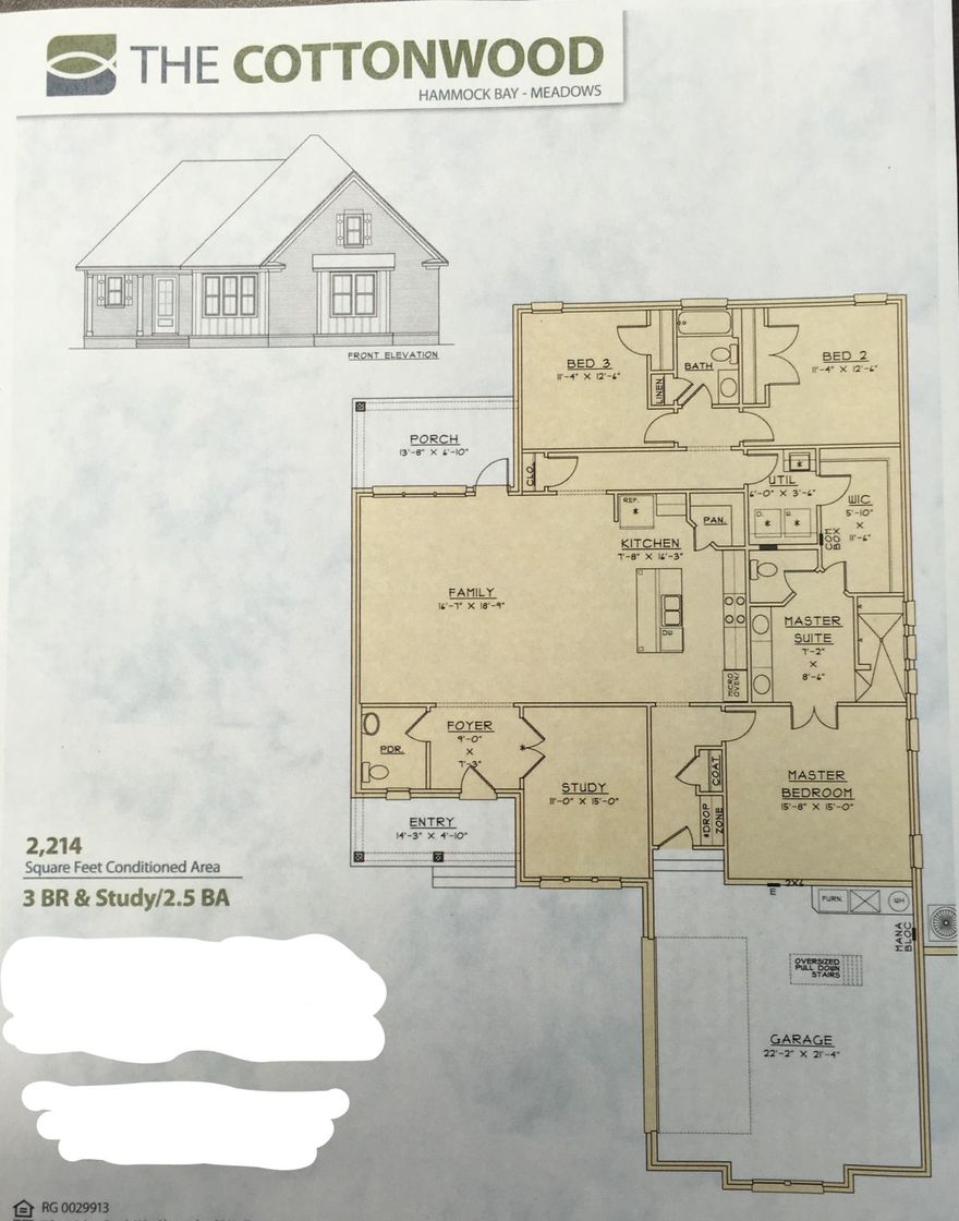 The Cottonwood plan has 2,214 square feet, 3 bedroom, plus a flex room with wood glass french doors and 2 1/2 baths. Brick exterior, extended, covered rear porch with a fan. Interior finishings include, 9' ceilings, oil rubbed bronze package, granite counter tops, laminate, tile and carpeted floor coverings, crown molding, cased windows and openings. Fence included!! Natural gas range and Rannai tank water heater. Stainless Frigidaire appliances, WoodHarbor cabinets with 100 year finish warranty, tiled shower and tub deck in master bath with 2 shower heads. Upgrades include floor plug in living room, sink in laundry room with upper and lower cabinets. Hammock Bay is a 3,200 acre development which offers a clubhouse, movie theater, pools, workout facility, nature trails.