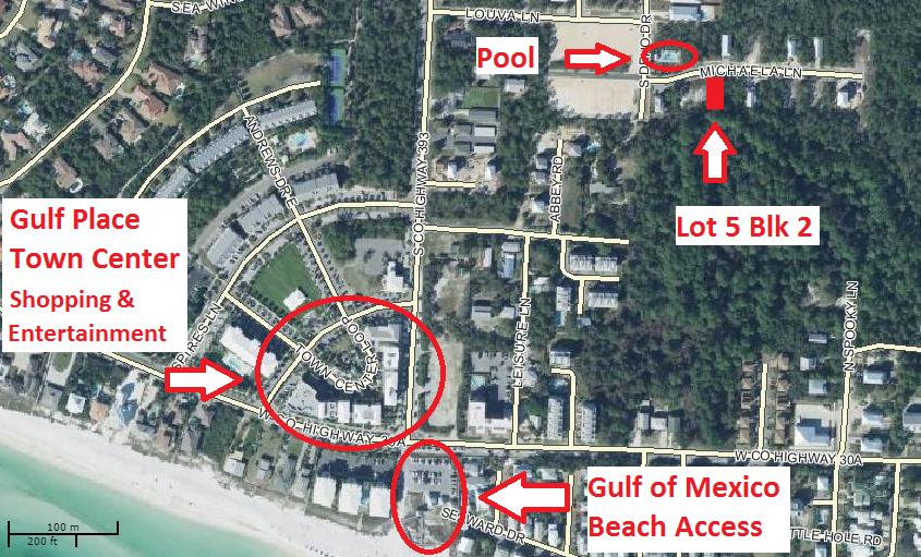 LOWEST PRICED lot within 1/2 mile of the beach. Located in a small private community with pool, sidewalks, street lights and underground utilities. Nice wooded area with lots of Privacy and very easy access to the beach. Gulf Place with its Artists, Music venue, shops and restaurants is just .3 miles away making this lot the perfect lot for your beach home.Buyer to verify all information to buyers satisfaction including but not limited to lot size, zoning etc.