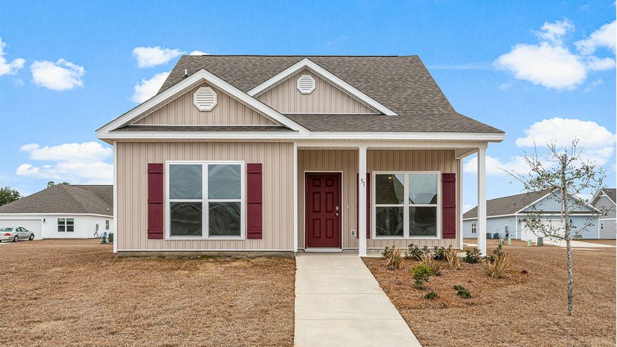 The Owl's Head community is conveniently located off of Highway 331 in Freeport.  We are only 8 miles to Interstate 10, and 16 miles to beautiful beaches and Highway 30 A.  We offer 6 floor plans, 3 and 4 bedrooms.  All homes have rear entry garages.  This community offers a community area with paved walking trails and a spring fed lake.  | The Cary plan is a 2-story 4 bedroom, 3 bath home.  The primary is downstairs, and a second bedroom. There are 2 bedrooms and a bathroom upstairs.  The Cary floorplan offers a covered front and side patio.