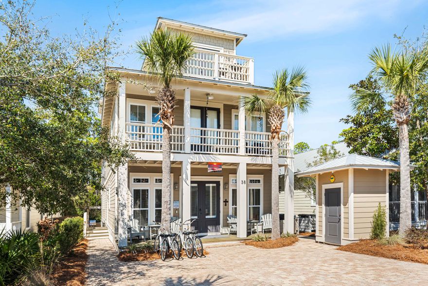 ''WARMTH OF THE SUN'' is the perfect name for this this OUTDOOR OASIS of wide open spaces!! 3 stories of decks overlooking the nature trail & green space of SEACREST BEACH - NO ONE BEHIND YOU! A SHORT WALK TO POOL & BEACH. A RENTAL PROPERTY that can sleep 11 in 5 BR/4.5 BA w/ a projection of over $85,000 for peak rental season.First floor is perfect for permanent living w/ a HUGE PRIMARY SUITE, 2 walk-in closets, luxurious Master bath, separate sitting area, & a screened wrap around porch. Steps out the back there is HOT TUB & grilling area. 2nd floor has another PRIMARY SUITE w/ en suite bath & private balcony. 3 guest BR on this floor w/ its own open air sitting area w/ big screen TV. Top floor has a guest BR/BA  & wet bar plus HUGE deck-the perfect place for watching the SUNSETS.