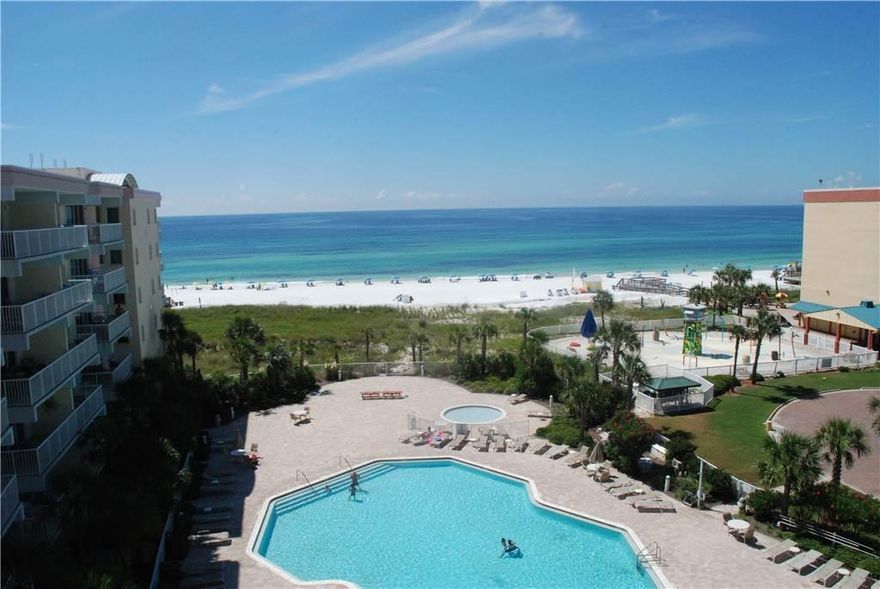 You'll love this beach themed, beautifully furnished sixth floor 2br/2ba unit with outstanding views of the Gulf! The master bedroom features a four post king size bed, TV, DVD, CD player and private bath with garden tub and lighted walk in shower. The guest bedroom also has a king size bed, TV, and DVD player. The bunkroom has 2 twin bunks and is located near the guest bathroom. The family room features a queen size sleeper sofa, flat screen TV, DVD, VCR and stereo. You may access your private balcony furnished with high top furniture from the family room or your master bedroom. The fully equipped kitchen features a side-by-side fridge/freezer with a water and ice maker, dishwasher, oven with smooth top range, and an over-the-range microwave. A stackable size washer/dryer is in the unit