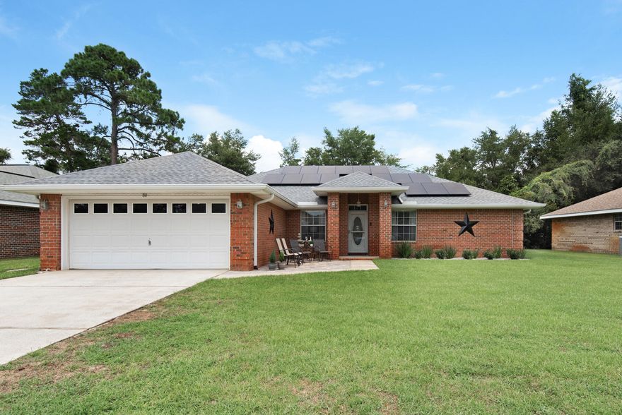 Motivated Seller! New Solar System is Completely Paid Off! Beautifully designed brick home with open floor plan, split bedrooms and many upgrades. Living Room has vaulted ceiling, Kitchen has granite countertops, stainless steel appliance package and overlooks the Living Room. The Master Suite has twin walk-in closets and double vanities. Upgrades include: Stainless Steel kitchen appliances, Granite Countertops, LVP flooring, interior paint, RainSoft water softener system, U.V. upgraded A/C system, expanding foam insulation in attic, new roof (2020), and a new, completely paid off,  solar panel system (2020). The 19 solar panels generate huge savings on the electric bill. November 2021 power bill was $19.04! An easy walk to the Community Pool and Green.