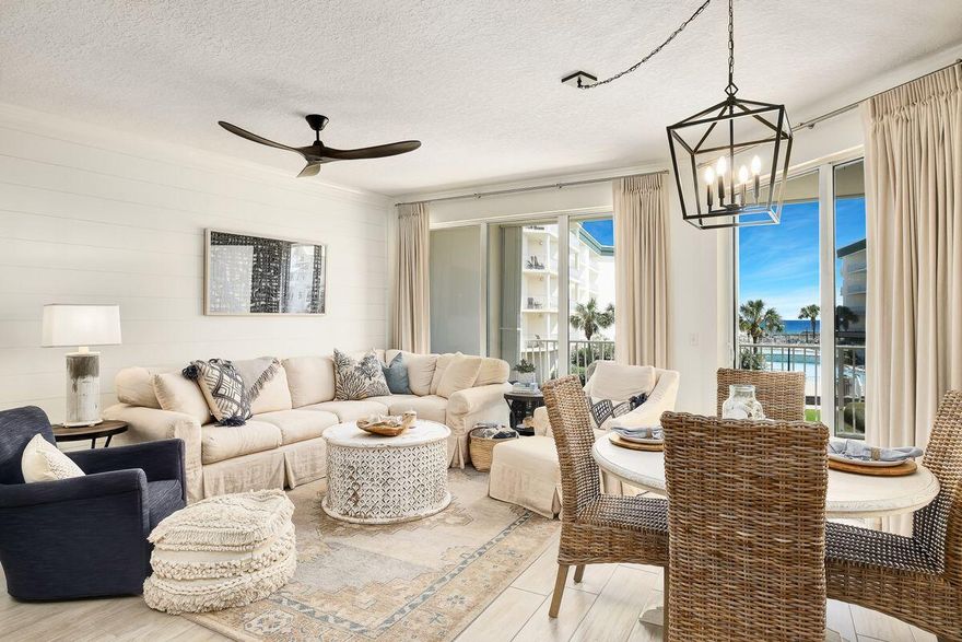 Located in the gulf front complex of Dunes of Seagrove, this well appointed condo has been fully updated in 2018 and remains in pristine condition. Fully furnished in tasteful tones, it has only been used by the owners as a second home. Located in a quieter area of Seagrove on sought-after 30A, it enjoys panoramic pool and gulf views. From the entrance hallway, the glittering gulf view draws you past the split bedroom floor plan into the open living area. The generously sized open kitchen has updated cabinets and countertops and a full range of newer stainless appliances. Modern wood tile flooring flows seamlessly through the dining/sitting area onto the generously sized balcony with ample space for relaxing and entertaining. Views of the pool