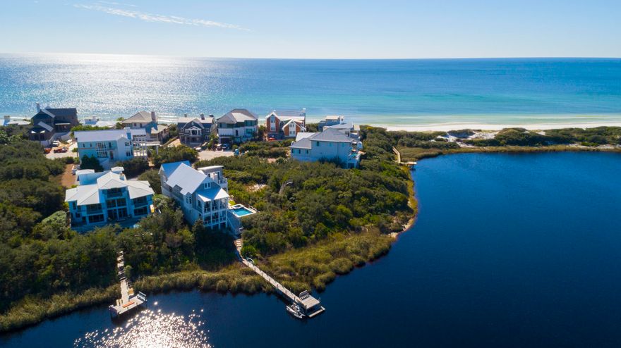 The most stunning views on 30A! This quiet, waterfront lot high on the bluff features west-facing views over Camp Creek Coastal Dune Lake, pristine white sand dunes, AND the emerald waters of the Gulf for absolutely jaw-dropping sunset views. Tucked away in the quiet, gated community of the Camp Creek Lake Subdivision, this lakefront parcel includes custom home plans by Syed Design Group, approved by the HOA and with county-approved coastal dune lake setbacks. The plans provide for a 3-story one-of-a-kind luxury residence brilliantly designed to showcase the unparalleled views and natural beauty of this exceptional property.