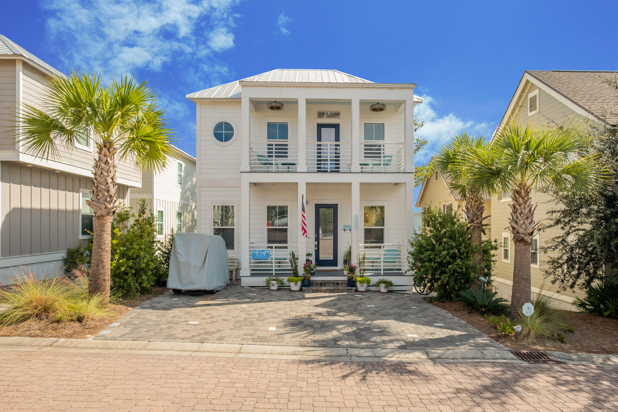 Built in 2019, this fully-furnished and meticulously-maintained beach house is located just steps from the famous sugar white sand and emerald water that the 30A area is famous for. The home is finished expertly, with luxury hard plank floors, leathered granite and quartz countertops, and designer furniture and fixtures throughout. The first floor boasts an open concept living and dining room, a master suite, a fully equipped kitchen with an island for entertaining, and a pantry, complete with an outdoor deck, patio, and outdoor shower. The king master suite includes walk-in closets and a luxury double-vanity bathroom with a walk-in rainfall shower. The second floor boasts a king bedroom and a queen bedroom, each with en-suite bathrooms, and a large loft area with a trundle bed.