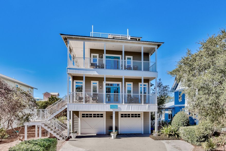Fantastic opportunity to own this solid rental proven home south of 30A and just steps to the beach with spectacular views of the gulf! It is rare to find many of the features this home provides at this price such as a two car garage, large fenced lot with a heated pool and a huge covered outdoor living area. There are over 1600sf of balconies and decks. A very spacious master bedroom suite has two walk-in closets, built-in cabinetry and access to a wrap around balcony. This home features a gas fireplace in living area, updated kitchen with stainless appliances, tile backsplash, and wine refrigerator. 10' ceilings throughout, tile and hardwood flooring. Relax and enjoy the panoramic gulf views and spectacular sunsets on the large upper deck at the end of the day. Also no HOA dues!