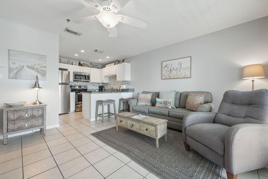 Welcome to your coastal retreat--an impeccably maintained and fully furnished condo just a few steps from the sugar-white sands of the Emerald Coast. Whether you're looking to expand your rental portfolio or secure your own slice of coastal paradise, this condo checks all the boxes. This second-floor unit is a proven income-producer with strong bookings already in place for the year--inquire for further details and projections. Beautifully maintained and thoughtfully decorated, the unit comfortably sleeps six with a private queen bedroom, hallway bunks, and a queen sleeper sofa. French doors in the living room lead to a private balcony where you and or your guests can unwind and enjoy partial Gulf views, sunsets, and the relaxing coastal breeze. Inside, you'll find a well-appointed kitchen, in-unit washer and dryer, and all the essentials to offer a seamless guest experience. Community amenities include a heated pool, hot tub, picnic area, and outdoor shower, with a private owner's storage closet located in the breezeway. Located directly along the scenic 5-mile walking and bike path of Scenic Highway 98, this property is surrounded by top-rated restaurants, shops, and conveniencesensuring both high occupancy and repeat guests. Whether you're purchasing for personal use, short-term rental income, or both, this beachside gem offers so much. Room dimensions and property descriptions are believed to be accurate, but if important, should be verified by buyer and agent. Be sure to schedule your showing today!