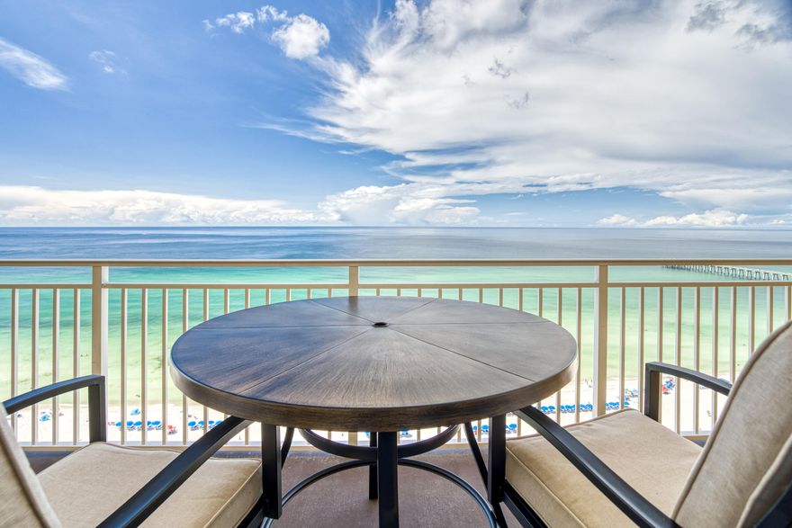 Turnkey, Rental ready with bookings and projections of $45k! Panoramic, stunning, sweeping Gulf views of the white sands and emerald green crystal blue waters from the private balcony, kitchen and master bedroom. Beach inspired and well maintained, this Gulf front condo is a rental machine boasting a master bedroom with king bed, private bath with tub and balcony access to listen and watch the waves. This vacation rental sleeps 6 comfortably with a guest room and sleeper sofa. Stainless steel appliances, HVAC is 3 yrs old and New 2023 Water Heater.Sterling Reef is a fantastic location on Panama City Beach, only .5 miles from Shipwreck Island and near the fishing pier. Enjoy the seasonally heated 4000sqft bi-level pool and fitness center overlooking the pool/beach area.