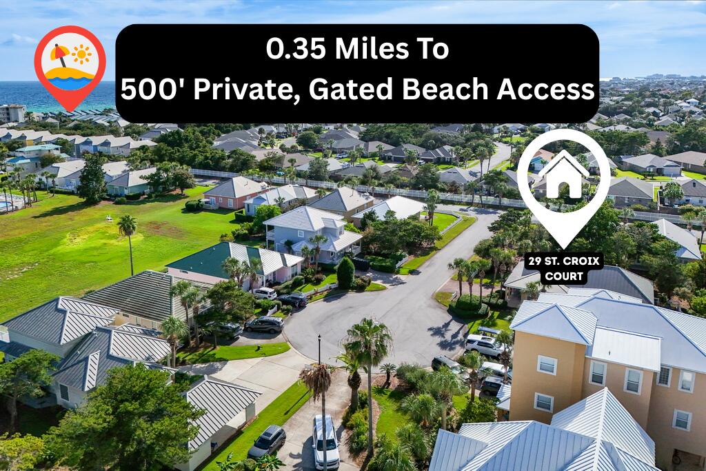 29 St. Croix Court is a lovely little cottage located in the gated community of Maravilla that boasts premium amenities and low HOA fees as well as a back gate that gives direct ingress/egress to Highway 98 - a rare convenience that only a handful of communities in Destin or Miramar Beach can offer. This home has access to 500 feet of gated beach access, a beautiful pool, and tennis courts. It also has a 2019 water heater and 2018 HVAC system, and it sits on a quiet cul-de-sac with less than 10 homes. The home backs up to HOA owned green space, so you'll always have an increased level of peaceful privacy. It also has 10' ceiling height throughout, a walk-in laundry room, and nearly 800 feet of additional outdoor square footage. 29 St. Croix Court has an open floor plan that maximizes its entertainment and living space and compliments its square footage, and the wrap-around porch that covers most of the exterior as well as a sizable 20'x10' back deck provide an additional 790 feet of square footage under roof and a comfortable outdoor area that's reminiscent of true Old Florida living. The master bedroom is exceptional, its 16'x14' footprint is complemented by a walk-in closet and an attached bathroom suite with his-and-hers dual vanities as well as a walk-in shower. The master bedroom also has access to the 20'x10' back deck that is positioned along HOA-owned green space providing a quiet retreat for owners and guests alike. The primary guest bedroom is also an impressive 11'x10' with its own walk-in closet.
Nearby Highlights:
500 feet of Private Beaches (0.35 miles)
Destin Commons (2.7 miles)
Silver Sands Premium Outlets (2.9 miles)
Grand Boulevard Commercial Complex (5.3 miles)
Big Kahuna's Waterpark (5.6 miles)
Destin Harborwalk (7.7 miles)