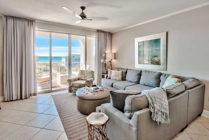 Enjoy unobstructed Gulf views from the master, living, dining and kitchen from this well maintained and newly re-furnished end unit condo. Enjoy the  private feel of gated, low density SAN Remo with only 32 Units. The amenity rich resort includes a l pool with lap lane, large hot tub, fully equipped exercise room and community room. Being on the Southside of 30A, San Remo is a short distance to Gulf Place and numerous restaurants and shops.