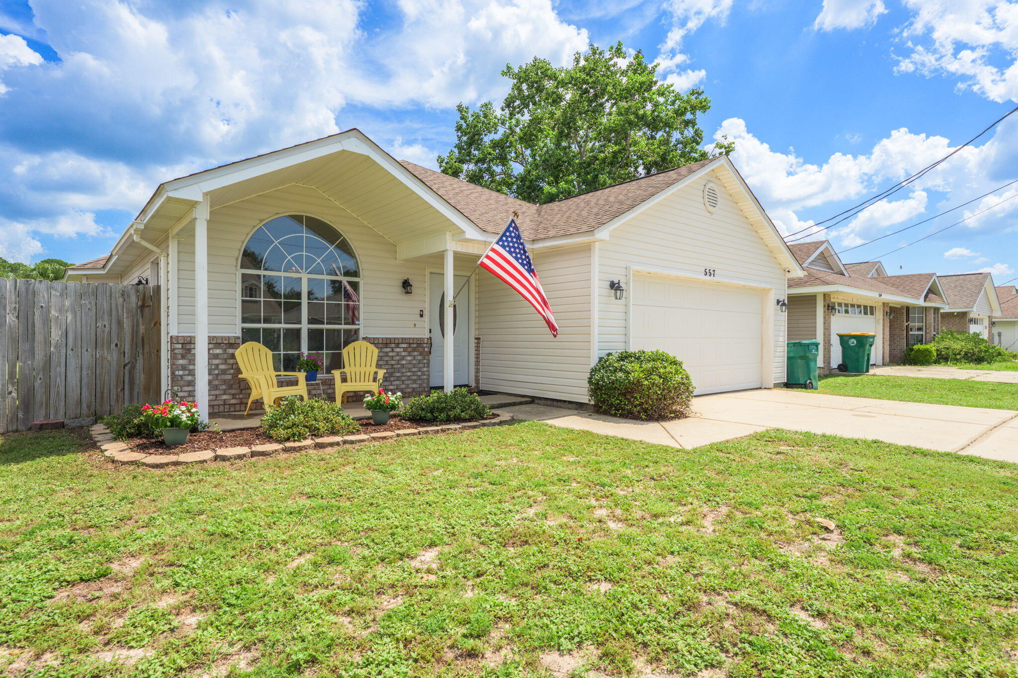 This 3-bedroom, 2-bath home is conveniently located between Hurlburt Field and the beaches of Navarre.Inside, the living room offers a raised ceiling and a large circle-head window filling the space with natural light. The kitchen and dining area are functionally designed with a pantry and plenty of cabinet space. Both bathrooms have been remodeled.The primary suite includes sliding glass doors to the back patio & walk-in closet in the en-suite bath. The second bedroom features a bay window giving extra natural light, and the third bedroom is located across from the guest bathroom.Important updates include new Roof in 2017, HVAC 2021, & Water Heater 2020. The back half of the garage was converted to an indoor laundry room and office/storage.