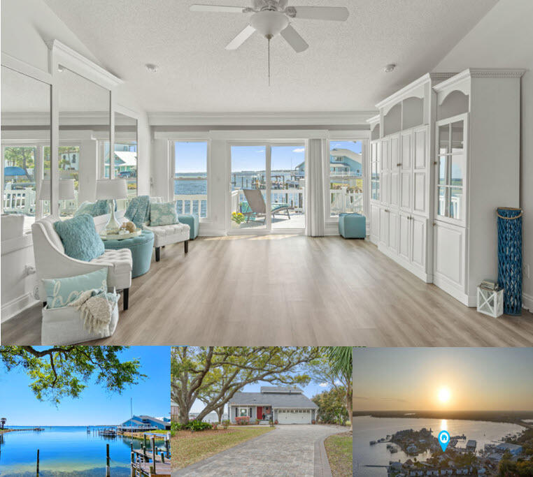 PRICE ADJUSTMENT=.AFFORDABLE WATERFRONT!!!! COASTAL CHARM WITH A TOUCH OF CAPE COD! Experience Florida waterfront living at its finest in this stunning home, perfectly situated on a beautiful lot with mature oaks and panoramic views of the bayou and bay. Whether you're swimming, boating, kayaking, paddleboarding, or fishing, the deep, clear, and protected waters...the bayou is just steps away. Enjoy your morning coffee, a waterside lunch, or evening sunsets from the expansive deck, where you can watch sailboat regattas or dolphins at play. Inside, this move-in-ready home blends comfort & coastal elegance, featuring abundant natural lighting and breathtaking water views from every room (except the upstairs bath). Home Features: **Primary Suite (Main Level): Stunning water views, walk-in closet, and private deck access.**Kitchen: Gas range, mobile island, Corian countertops, real wood cabinets, and a charming bay window with a built-in seating area. **Living & Dining: Open-concept space with two sets of sliding doors leading to the deck. ** **Guest Bedrooms (Upstairs): Each with sliding doors opening to a balcony overlooking the water. ** Outdoor & Structural Highlights: Deep-water dock and boat lift, Hardy board exterior for low maintenance, Brick-paved driveway and walkway, under-house storage for paddleboards, kayaks, and other water toys, Reinforced foundation for stability, Finished 2-car garage with epoxy-coated floors. ** Perfectly located in a well-established neighborhood, its convenient to Eglin, Hurlburt, Duke, and SFG complex as well as the airport, shopping, schools, medical facilities, restaurants, area parks, golf courses, and the beautiful white sandy beaches. This home is more than just a place to live - it's a waterfront retreat designed for relaxation, adventure, unforgettable coastal moments - IT'S A PLACE TO CALL HOME! Buyer(s) is responsible for verifying ALL data and information including lot size and room measurements as it is deemed to be reliable but not guaranteed.