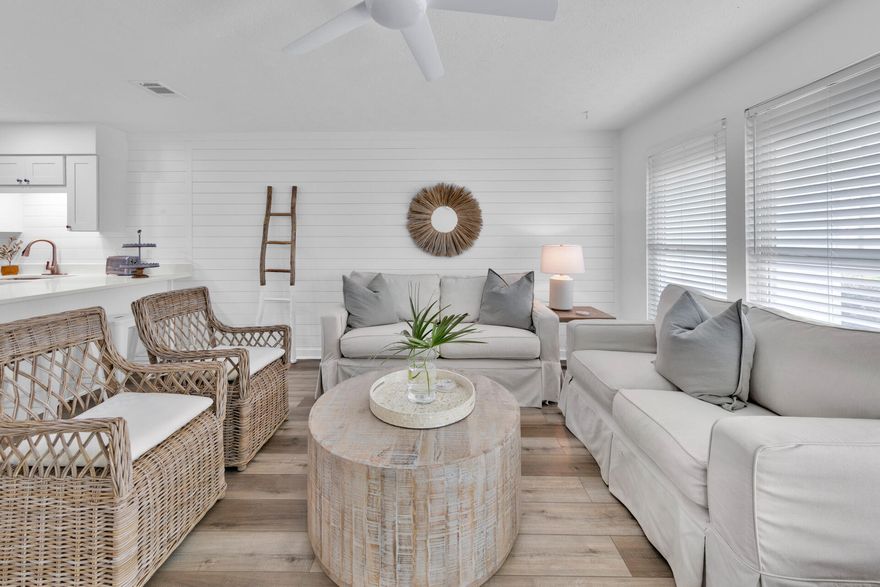 Location, location, location, just 51 steps across Front Beach Road to the sugar white sands of PCB. A slice of 30A located on the quiet, west end of PCB. This one bedroom, ground floor condo is an excellent rental opportunity or personal getaway. Recently remodeled and updated top to bottom in the Fall of 2022: new shiplap, premium LVP wood plank flooring, hallway bunks, new kitchen counters and cabinets, stainless appliances, new bathroom fixtures and tub with surround tile. Southwind condos exterior has also been updated with new hardi siding, fresh paint, and a new roof. Southwind is across from Tropic Winds and Beach Access #72.