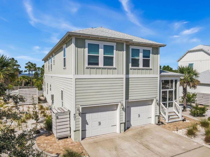 Sunlit days and sweeping bay views define this four-bedroom, three-and-a-half-bath home in Windmark Beach, where resort-style amenities meet the privacy of your own backyard retreat. Thoughtfully designed with luxury finishes and multiple outdoor living spaces, this property offers a rare combination of sophistication, comfort, and recreation.  A screened front porch with rocking chairs sets a welcoming tone, opening to interiors that feature soft coastal-inspired decor and an open-concept layout. The living area is anchored by a 65'' smart TV and a slipcovered sectional, while the expansive kitchen boasts high-end appliances, a six-stool breakfast bar, and a dining nook with seating for eight. The primary suite offers a king bed, private bath, and balcony, complemented by a second king suite and two queen bedrooms. Step out to the screened back porch for sunset cocktails on the porch swing or gulf-view moments from the upstairs balcony.  Outdoors, a private saltwater pool with optional heating, patio dining, and sun loungers invite long afternoons in the sunshine. A sand volleyball court, grill, and outdoor shower make entertaining effortless.   Additional features include a full laundry room, parking for four vehicles, and a six-passenger low-speed vehicle for neighborhood exploration. WindMark's boardwalks, zero-entry community pool, playground, dog park, and Main Street shops are all within easy reach.  This bayfront residence is more than a home; it is a complete coastal lifestyle designed for family gatherings and unforgettable memories.