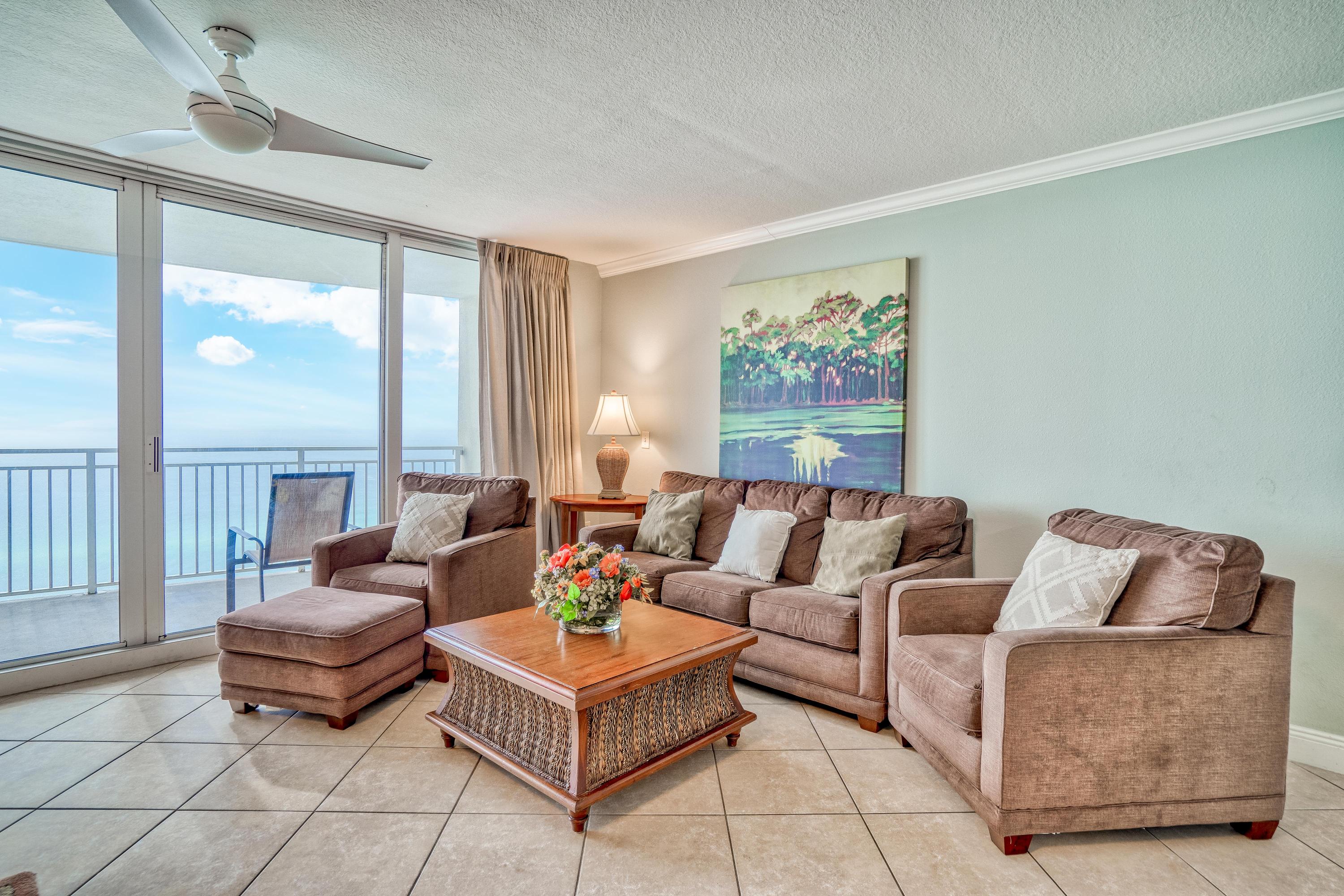 Emerald Beach Resort 1634 is one of the largest beach front 3 bedroom floor plans that you will find on the west end of Panama City Beach. This Gulf front 1780 SF condo offers 3 full bedrooms, hall bunks and a sleeper sofa sleeping 10 comfortably. Emerald Beach Resort 1634 features a beach front master bedroom with direct access to the balcony, a large master bathroom with a separate shower and a double vanity, granite countertops in the kitchen, stainless appliances, large bedrooms and no carpet through out the condo! Emerald Beach Resort is one of the cleanest, well built buildings on the beach! You will notice a difference between this building and others when you want in the door. Emerald Beach Resort is known for their amenities such as two swimming pools, tiki bar, Sky Bar, a huge fitness center, garage, a store and Starbucks! The sparkling beach is just steps from this condo, allowing you to easily splash in the Gulf waves, build sandcastles, and watch for dolphins in the surf. When you're not relaxing on the sand, you'll find a wealth of renowned attractions in every direction. Within a two-mile drive up the coast, you'll find fun-filled wildlife shows at Gulf World and some of the region's best shopping, dining, and entertainment at Pier Park. Just down the coast are Shipwreck Island Waterpark, WonderWorks, ZooWorld, and so much more for all sorts of fun for the whole family. *** Please check out unit 1633 which is next door, the same floor plan and also for sale.***