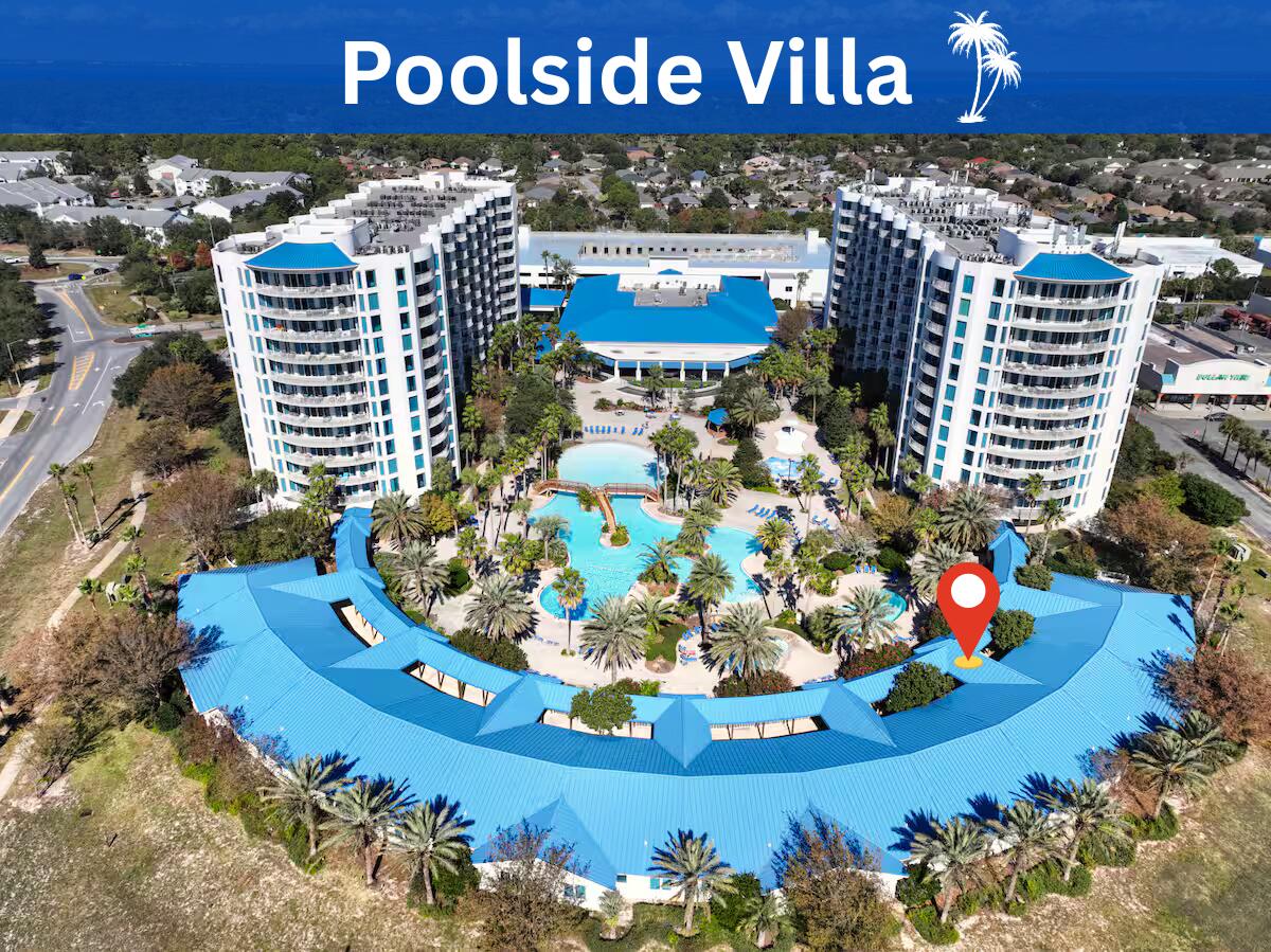 One of only 14 Villas! Out of 416 units at The Palms of Destin, just 14 are Villas. Own this rare, poolside Villa--fully furnished and turn-key ready for rental income just in time for summer. Steps from lush tropical landscaping and the stunning 11,000 sq. ft. lagoon pool. Enjoy 10 ft. ceilings, nearly 1,400 sq. ft. of open-concept living with walk-in/walk-out access, lagoon views, and 5-star amenities. Features include a spacious master suite with ensuite bath, separate laundry room, and double sliding doors. The Palms offers an on-site coffee house, restaurant, tiki bar, gym, new grill area, pickleball, tennis, and basketball courts.