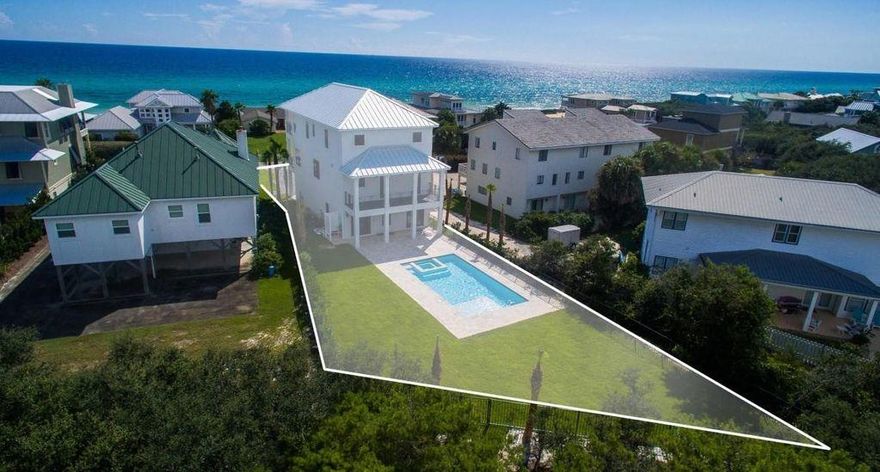 Amazing Second Row new home on 30A. Professionally fully furnished. Panoramic Gulf Views, Huge Yard, block construction with full impact glass. Gorgeous Modern Finishes, expansive decks. Amazing pool with plenty of room for a complete backyard oasis. 2.5 car garage with room for a golf cart. No HOA. Direct Access to the 30A Bike Path from the back yard. Gourmet kitchen with Thermordor Appliance package, 6 burner gas range with pot filler, pantry stunning quartz finishes, Huge Great Room, perfect for entertaining. Hardwood floors throughout. Being sold fully furnished and move in ready. Main level features two bedrooms and full bath, with one bedroom allowing a separate area for the kids. The 2nd level features the kitchen, great room and an additional guest bedroom