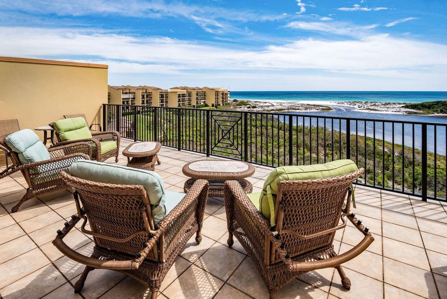 A true sanctuary in the heart of blue mountain beach, this Sanctuary By The Sea top-floor residence offers unparalleled privacy and luxury overlooking the Big Redfish Lake and the Gulf of Mexico. The first floor features a gulf front master suite with balcony access, open living and dining with a convenient wet bar, an extremely spacious gourmet kitchen with Viking appliances and granite countertops, two additional bedrooms, a large laundry room along with a powder room. The true master suite encompasses the entire second floor and flows out onto a private balcony perfect for morning coffee, sunbathing or watching the sunset over the water. Sanctuary By The Sea offers world class amenities including multiple pools, a state-of-the-art exercise suite, virtual golf, enviable beachfront,