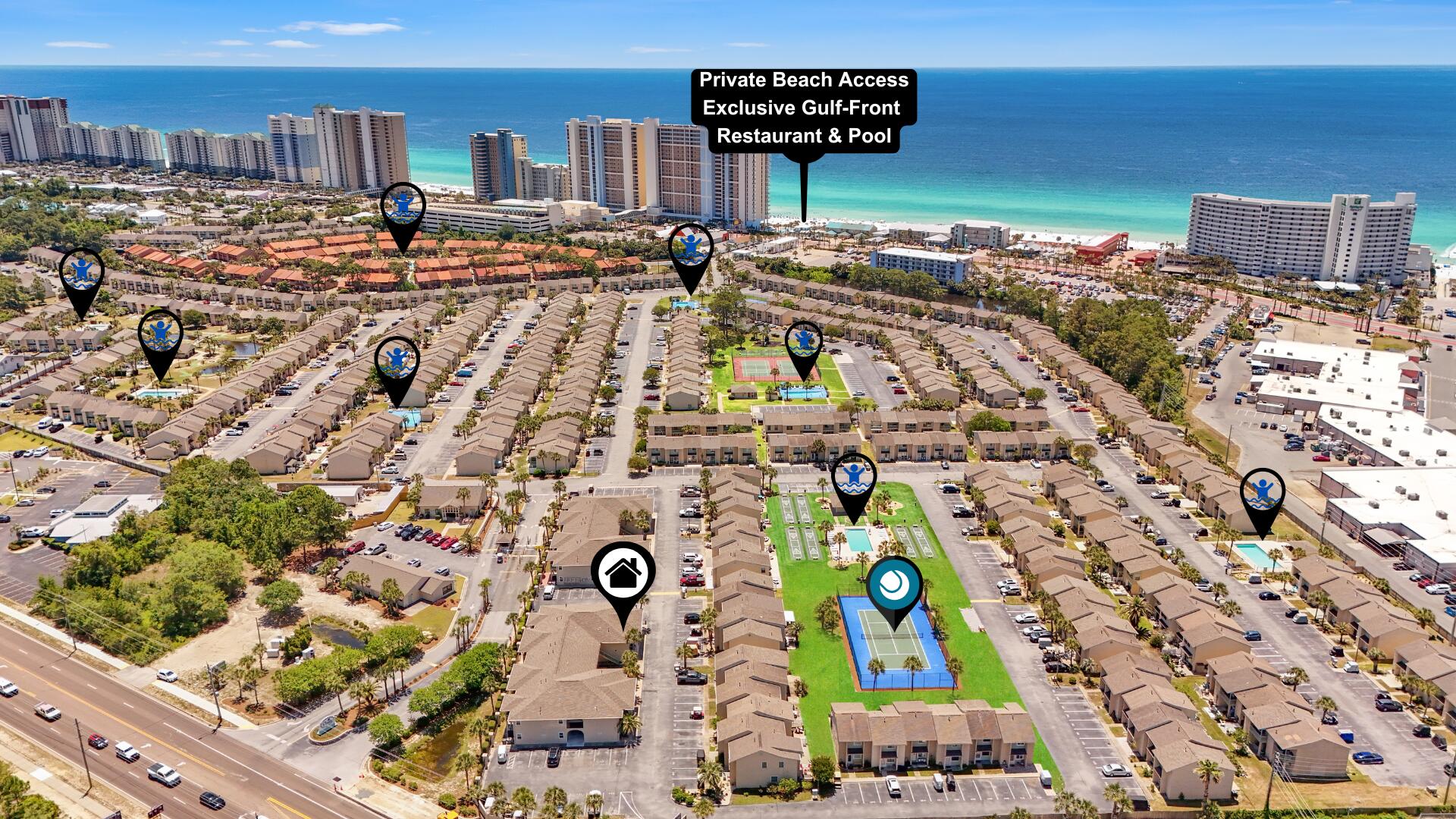 YES!!! A beach condo under $200K exist, and it's a coveted ground floor unit! Search on YouTube ''For Sale 134 Damon Cir J in Panama City Beach'' for video tour. Skip the stairs and enjoy the convenience of walking straight into your fully updated, furnished, and rental-ready retreat in a gated community just a short stroll to the beach. This charming unit features high-end finishes throughout: quartz countertops, soft-close cabinets, walk-in shower, shiplap accents, new LVP flooring, stainless steel appliances, new furniture and HVAC and Water Heater have been replaced in the recent years. The open-concept layout offers a bright, inviting space, and parking is directly next to the unit, just steps from your front door. Short-term rentals allowed, with a strong projected GRI of $27K+. Enjoy resort-style amenities including 11 pools (5 heated), exclusive gulf-front restaurant & pool, tennis & pickleball courts, mini golf, shuffleboard, fitness center, and beautifully landscaped grounds. Whether you're looking for a vacation getaway, full-time coastal living, or an income-producing property, this ground floor gem checks all the boxes. Don't miss this rare opportunity! Bellow average COA fees in PCB with so many amenities that covers insurance, water & sewer, pest control, termite bond, exterior bldg maintenance & painting, trash pick up, ground keeping, gated community, exclusive Gulf-Front restaurant and pool, property patrol, tennis courts, mini golf, new pickleball courts, shuffleboards, exercise room, playground etc