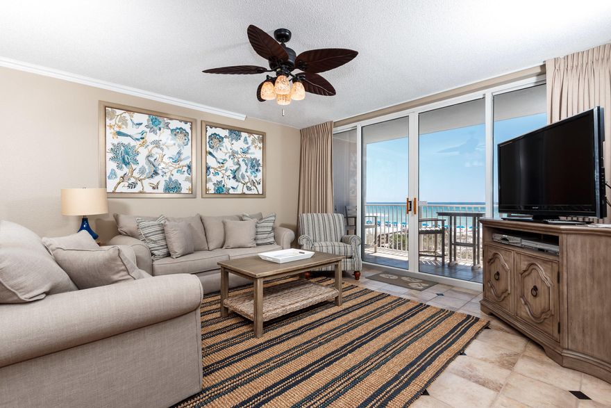 This is a spacious, fully equipped beachfront 3BR/3BA condo - a great space for a large family. Absolutely everything was remodeled- updated kitchen with all new appliances, countertops, and tile flooring; all new furniture in the living room and bedrooms; all walls repainted; flat-screen TVs; and so much more. HOA includes beach service! $49,825.00 already booked for 2019!! As of 04/17/2019
In the master bedroom, the glass balcony door and the large window create a wide viewing area while lying in the king bed.
- Fully-stocked kitchen
- Washer and dryer in condo