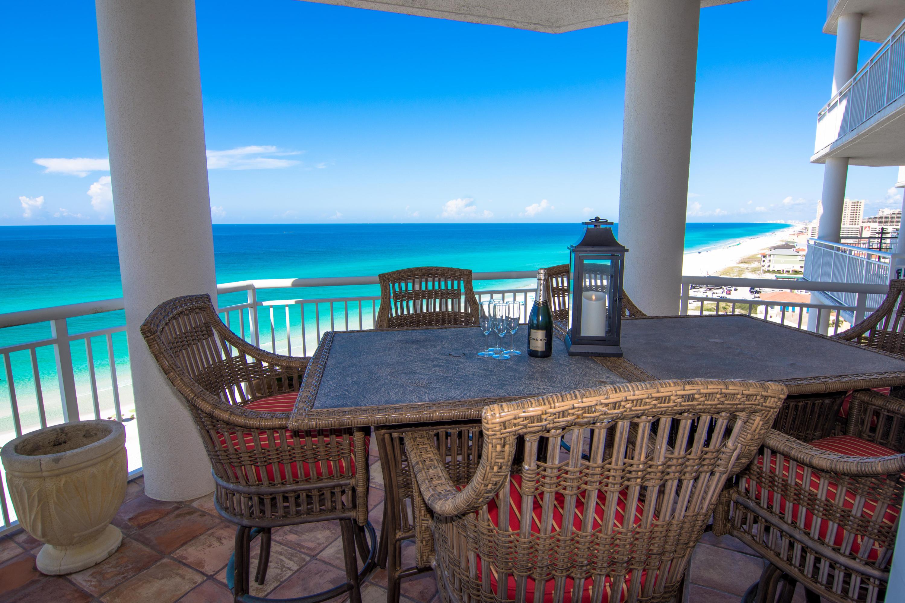 This Hidden Dunes Grand Villas condominium residence is the thing of which dreams are made - 2,000 square feet of seaside luxury with a toes-in-the-sand location which conjures up images of sun-splashed days of swimming, biking and relaxing. Perched perfectly above the Gulf on the prime 9th floor with panoramic Gulf views at nearly every window and Bay views from the guest bedroom. An expansive terrace is accessed from the living room and master suite providing the ultimate alfresco living and entertaining environment and includes a built-in barbecue grill. This condo encompasses three bedrooms and three bathrooms including a grand-scale, Gulf front master suite. The kitchen has stainless steel appliances, double oven and pass through window with amazing Gulf views. Grand Villas is a