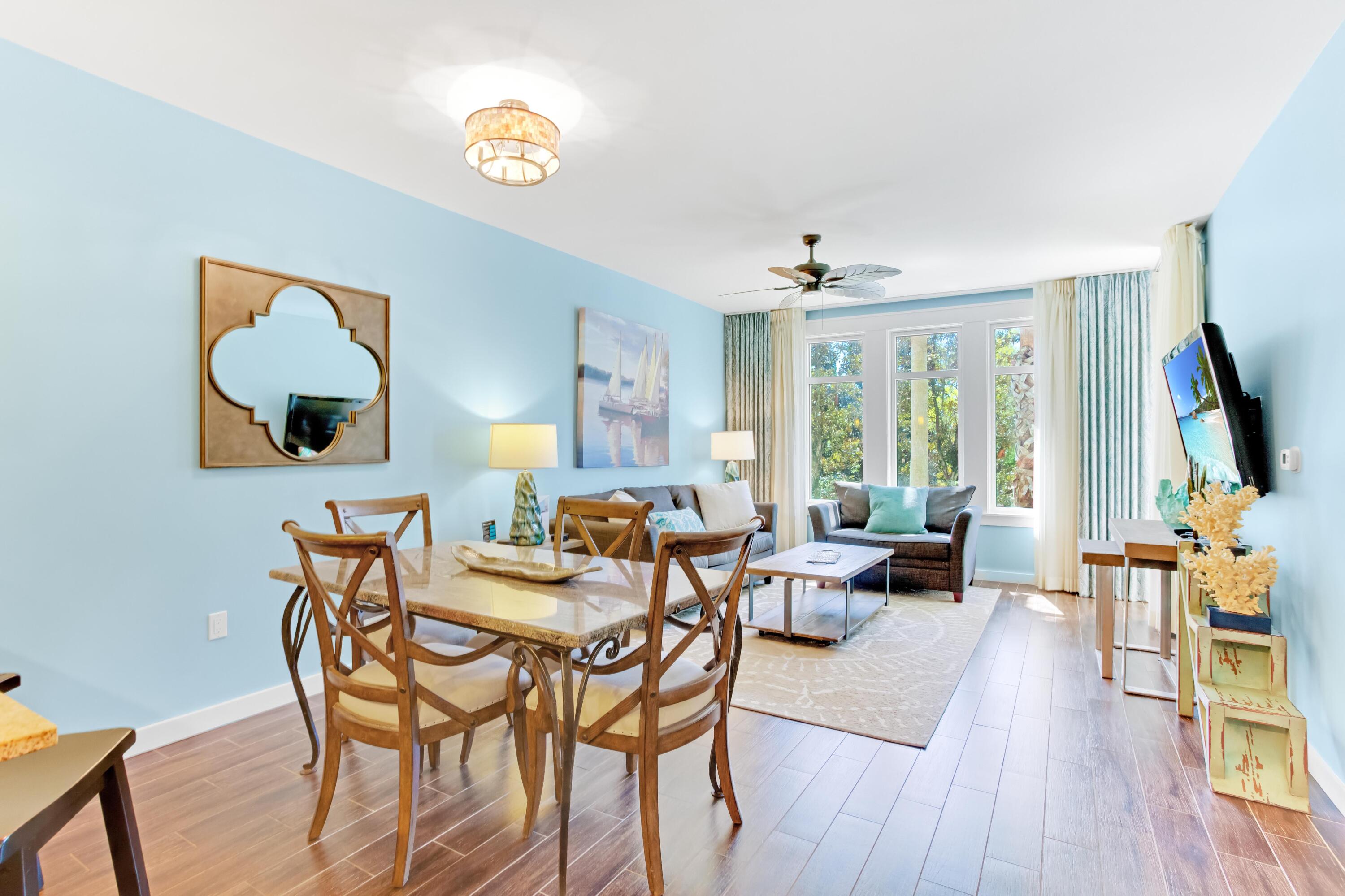 Located on the 2nd floor of Elation overlooking the Grand Lawn, this one-bedroom condo could be your primary residence, second home, or investment property. The bright and beachy living room has a sofa and oversized chair, both with a pull-out mattress perfect for the kids or guests coming to visit. The bedroom has a new king mattress and has a fabulous view overlooking the Grand Lawn. The spacious bathroom can be accessed from the entry hallway or the bedroom and has a newly updated walk-in shower and double vanity. Updated porcelain plank tile. Elation guests and owners will be able to take advantage of a fitness center, resort style pool, and the solstice club.