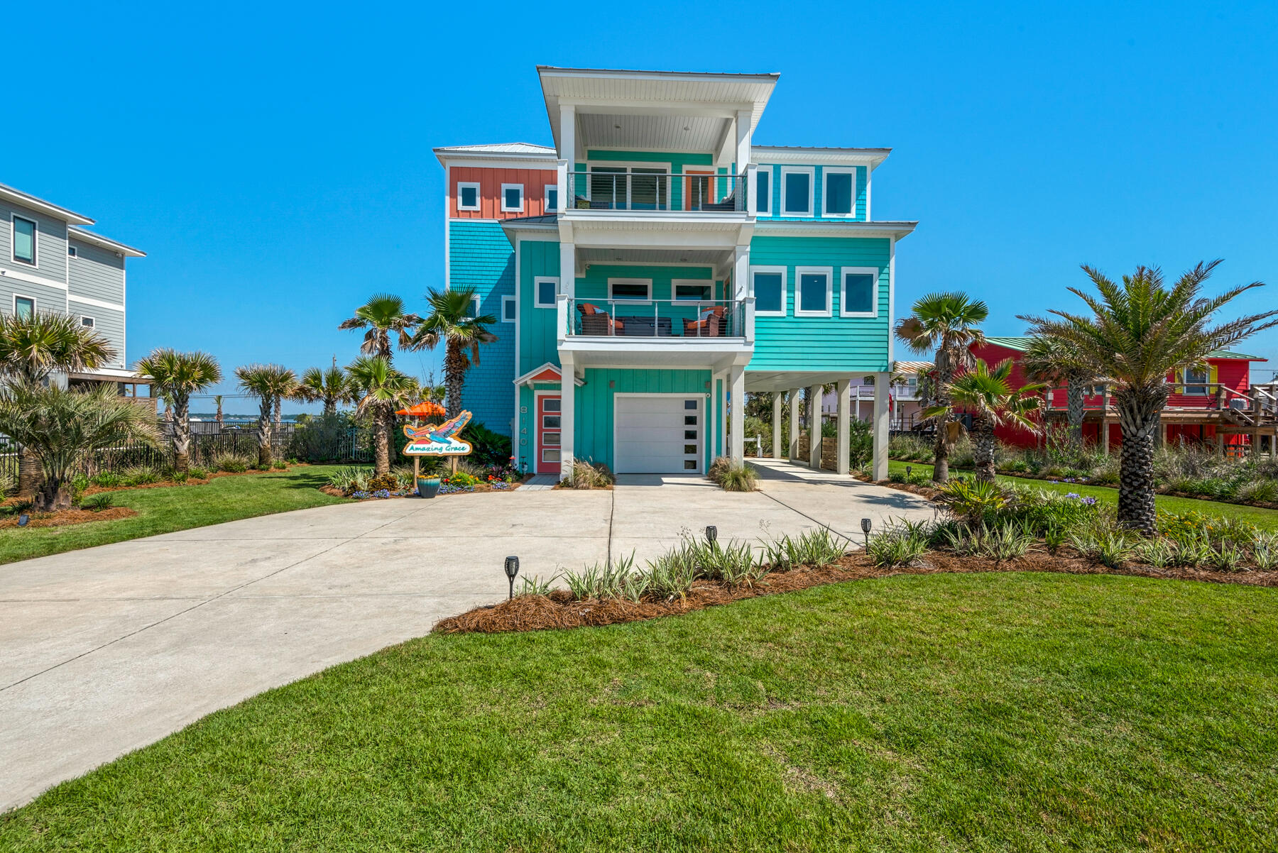ACCEPTING BACK UP OFFERS! Welcome to Amazing Grace, the 2018 Parade of Homes First Place Winner for Outstanding Home Top Category, prominently located at 8140 Gulf Boulevard on Navarre Beach. Two new Bosch HVAC systems (Aug 2023). Built and designed by Les White, owner of Acorn Fine Homes, 6-time Parade of Homes Winner including 2023. Amazing Grace captures breathtaking views of the Gulf of Mexico, the Intracoastal Waterway, the lush landscaped lawn with heated saltwater pool and surpasses expectations for design, construction, landscape and craftsmanship. Acorn Fine Homes provided a bunk room option/drawing. Interior appointments range from 3 station elevator, new dehumidifier (Sept 2023), Japanese Shu Shobibahn accent walls to heated, master bath floor with vibracoustic, heated, bluetooth soaker tub in master, custom cabinetry, wall hung toilets and interior hardware throughout. Steps to the beach with parking. Never rented. Approximately 325 feet to the public Santa Rosa County beach access. Extensive Luxury Interior appointments list available. Amazing Grace is being offered fully furnished. Built on concrete pilings this Earth Wise Home features include but are not limited to an air-tight, foam encapsulated thermal envelope along with advanced heating, cooling, ventilation, and climate control systems, products, and technologies with Storm Tuff features incorporated in framing, stainless steel fasteners, impact windows, roofing and whole house water filtration system. Amazing Grace's architecture is transitional modern coastal designed to last while affording quality low maintenance features with luxurious interior appointments. The result is eye pleasing awe-inspiring beauty with a desirable floor plan which allows the main living areas and each bedroom access to outdoor space, beautiful views and privacy. The gourmet kitchen with custom cabinetry, Bosch, Viking and Meile appliances marries the living and dining room providing the resident chef with opportunities to prep and cook while enjoying guests and taking in the views. The windows are wired for motorized shades and the south facing walls are Quiet Rock acoustic sheetrock. Attention to detail extends to the outdoors designed for entertaining. We invite you to make an appointment today to discover the beautiful life on Navarre Beach. Some items in the photos have been removed (Ex. Coffee Table and Gym Equipment) All items as viewed during showings will convey.