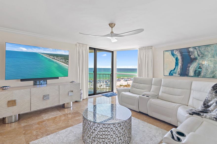Welcome to Unit 143 -- a completely updated, west-facing 4th floor condo in Building 1, the closest to the sand at Mainsail. Step inside and you'll immediately see why this one stands out: full Gulf views from the living room, master bedroom, and oversized balcony where you'll catch jaw-dropping sunsets nightly.  This spacious, two-bedroom condo is turnkey and fully furnished with high-end pieces curated by Sugar Beach Interiors, including new white leather electric reclining sectional, designer lighting, chrome and glass accents, and three premium Samsung OLED TVs. The kitchen is outfitted with new stainless appliances, quartz countertops, under-cabinet lighting, and even instant hot water at the sink. Every inch has been professionally renovated -- including new electrical panel, fresh paint throughout, and new carpet in both bedrooms.
2024 Water heater with shut-off
2024 Washer & dryer
2021 Trane HVAC
Glass shower, updated bath vanities & hardware
New high-top balcony furniture for your sunset wine hour <
Mainsail amenities offer resort-style living with two pools, hot tub, tennis courts, fitness center, grills, and private beach access  including complimentary beach chairs and umbrella service for owners. All behind a secure, guarded gate, and just steps from shopping, restaurants, Grand Boulevard, Silver Sands Outlets, and a quick 15-minute drive to 30A  without the 30A traffic.Whether you're retiring to the beach or seeking a second home with WOW factor, this condo delivers luxury, peace of mind, and one of the best views on the coast.
