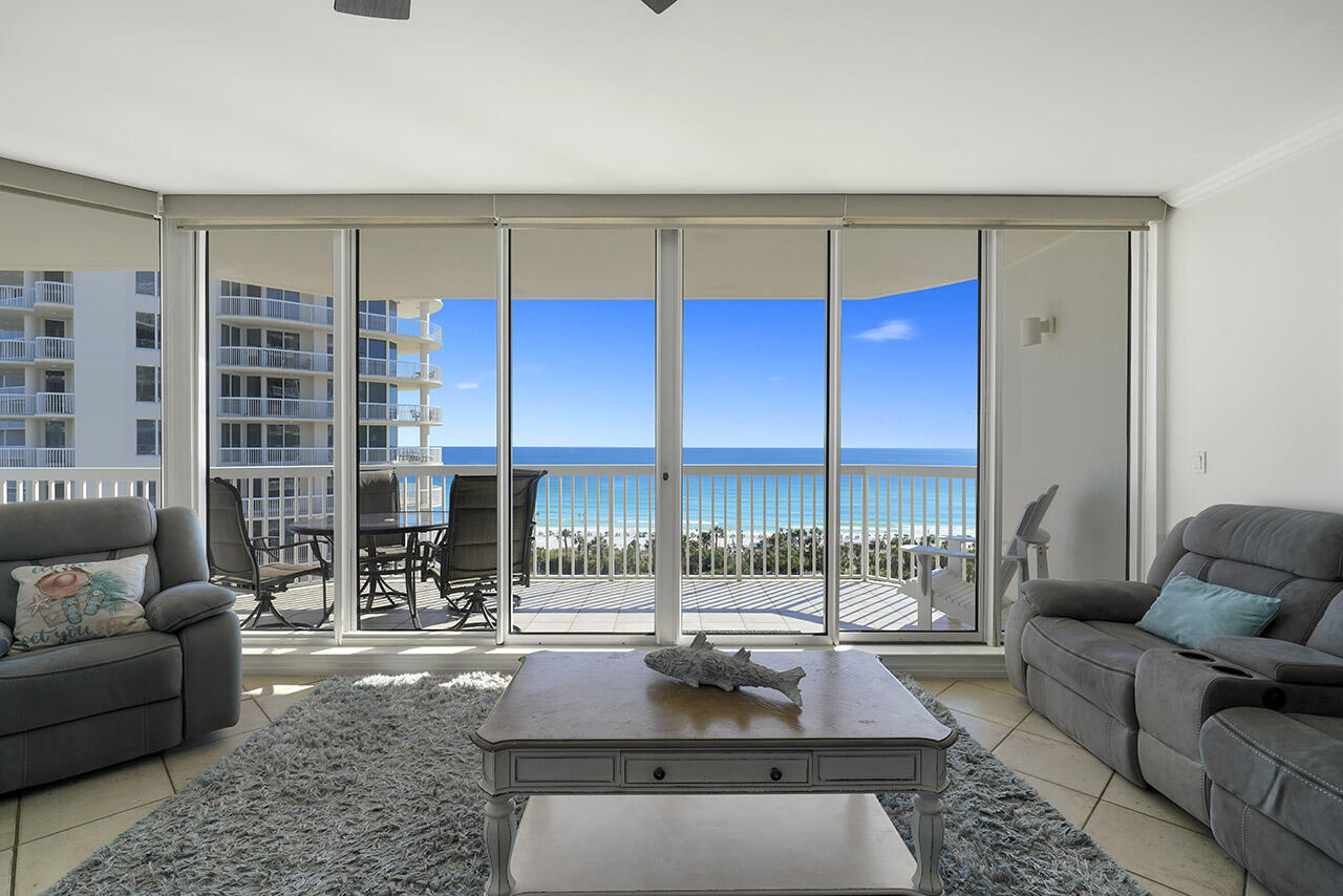 Spectacular views!! Gulf-front corner unit, open floor plan with floor-to-ceiling windows/doors in living room and master bedroom. Fully furnished and rental ready. Condo has a parking space and storage cage in the garage. On the property is Ruth's Chris Steak House, a Day Spa, and The Sand Bar on the beach for food, drinks and entertainment. The Back Porch is steps away.