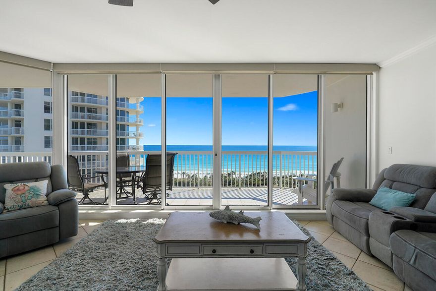 Spectacular views!! Gulf-front corner unit, open floor plan with floor-to-ceiling windows/doors in living room and master bedroom. Fully furnished and rental ready. Condo has a parking space and storage cage in the garage. On the property is Ruth's Chris Steak House, a Day Spa, and The Sand Bar on the beach for food, drinks and entertainment. The Back Porch is steps away.