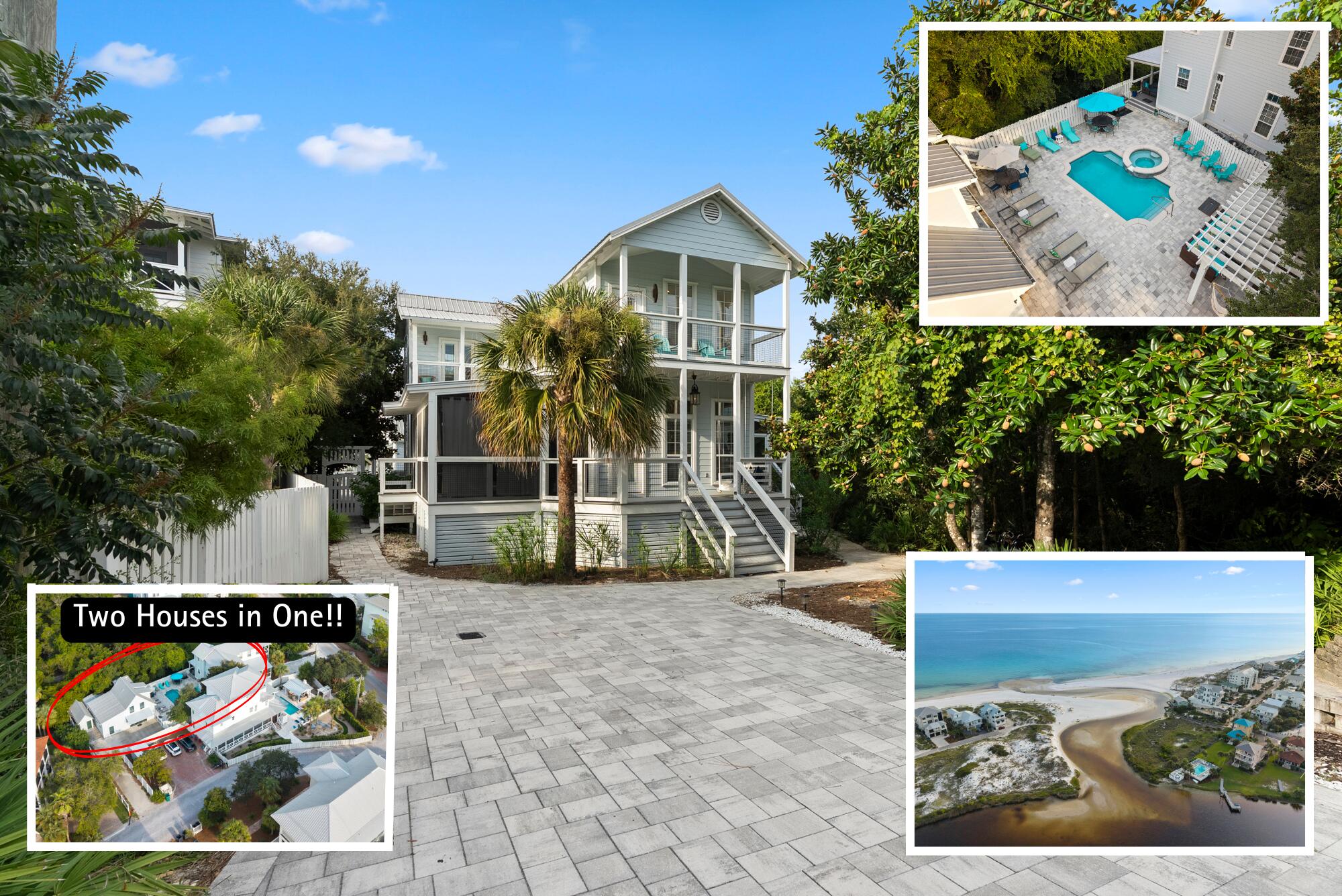 Steps from the Gulf and the rare coastal dune lake where Eastern Lake flows into the ocean, this Seagrove Beach retreat offers two homes on one property, each with its own driveway, centered around a resort-style courtyard with pool and hot tub. The main home features 4 beds/4 baths, while the second house adds 3 beds/3 baths with full kitchen and living. Perfect for multi-generational stays or strong STR performance, the property earned $158K annually prior to renovations with upside potential--its neighbor reports $260K with the same management. Spacious porches, treed privacy, and an unbeatable location make this 7BR/7BA, 3,716 sq ft compound a rare find for either an investment property or home in the heart of Seagrove Beach.