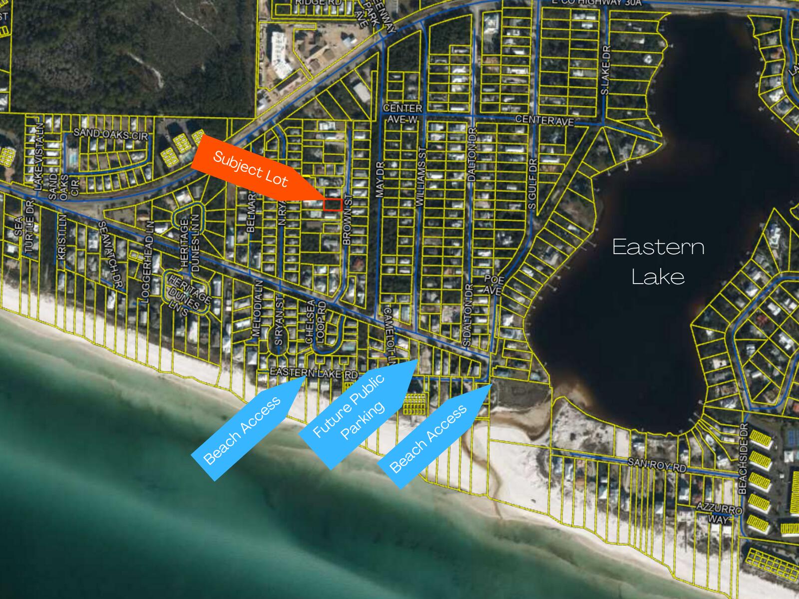 This is your chance to own one of the few remaining vacant lots in the Eastern Lake area of 30A. Close by, Walton County is adding a small parking lot and walkthrough to a neighborhood beach access. There is another neighborhood access at Eastern Lake with county-owned public beach of around 3 acres. Maps show the lot in zone X, where flood insurance is not required. Seagrove is one of the first neighborhoods on 30A. Make memories at the beach after building your beach home. This home is situated between house numbers 77 Brown St and 83 Brown St.