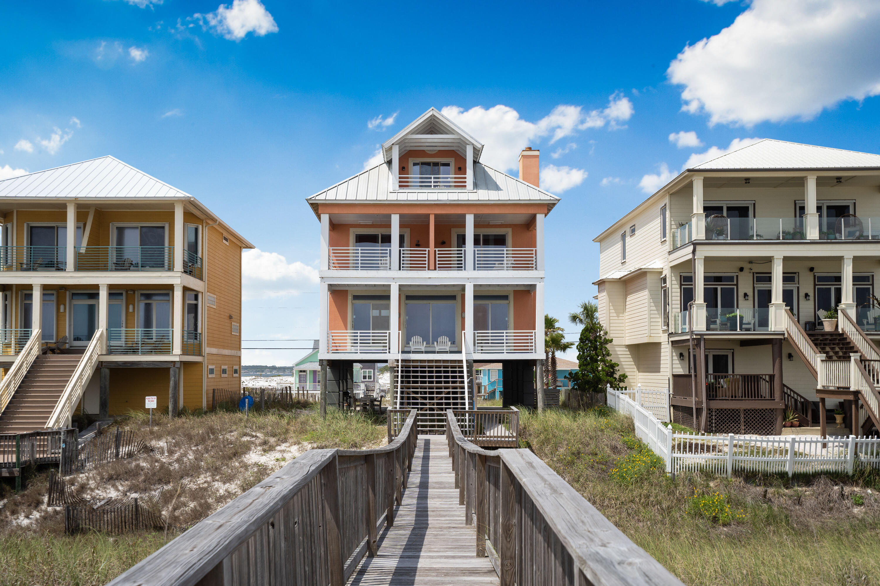 Magnificent 3 bedroom 4 bath home located on the illustrious beachfront of Navarre Beach. 7817 Gulf Boulevard is every beachgoers dream, featuring: multiple outdoor areas, fireplace, direct beach access on a private boardwalk, endless gulf views, 2 guest bedrooms with ensuite baths, top floor master bedroom, private balconies for every bedroom and much more! On the main level, no detail has been missed in the expertly designed open floor plan which seamlessly flows from living, cooking and dining. The living room boasts expansive gulf views, a fireplace and a full bath down the hall. The kitchen features stainless steel appliances from Frigidaire and a new LG refrigerator. The massive patio area overlooks the Gulf of Mexico and provides ample room for entertaining and outdoor dining.