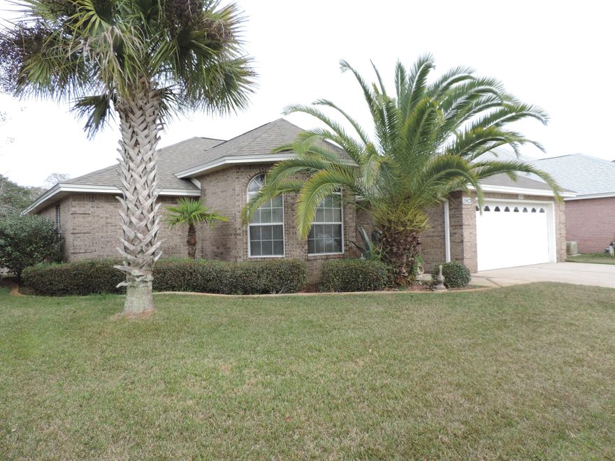 Empty nesters or first-time buyers. Upon entering the home, a large Great Room is straight ahead beyond the foyer.  The kitchen and dining area are adjoining and have a washer and dryer hookup in the closet. To the other side are three well sized bedrooms with the Master to the back. The spacious Master has a double trey ceiling for the largest of furniture. The Master bathroom has separate shower from the tub and a large walk-in closet. The front bedroom with curved windows would make a perfect home office. You need to put this one on your list. The location is perfect for both bases, the hospital and shopping nearby. A short drive brings you to the beautiful beaches of the Gulf of Mexico