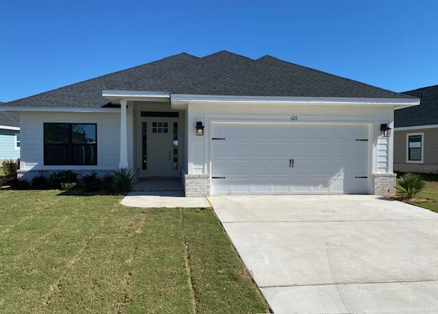 This home has black window frames that POP!  The Bluffs at Lafayette, 25 minute drive to South Walton beaches and 15 minutes North to DeFuniak Springs shopping.  Popular Craftsman 4 BR/2 BA home with Hardiboard siding and brick skirt. Cathedral ceiling in main living area and minimum 9' ceilings throughout, 8' entry doors, quartz countertops and durable LVP flooring and carpet in bedrooms.  Master Bedroom has a large walk-in closet. Master bath has undermount sinks and dual vanities. Sprinkler system with well and pump, garage door opener, attic pull-down stairs.