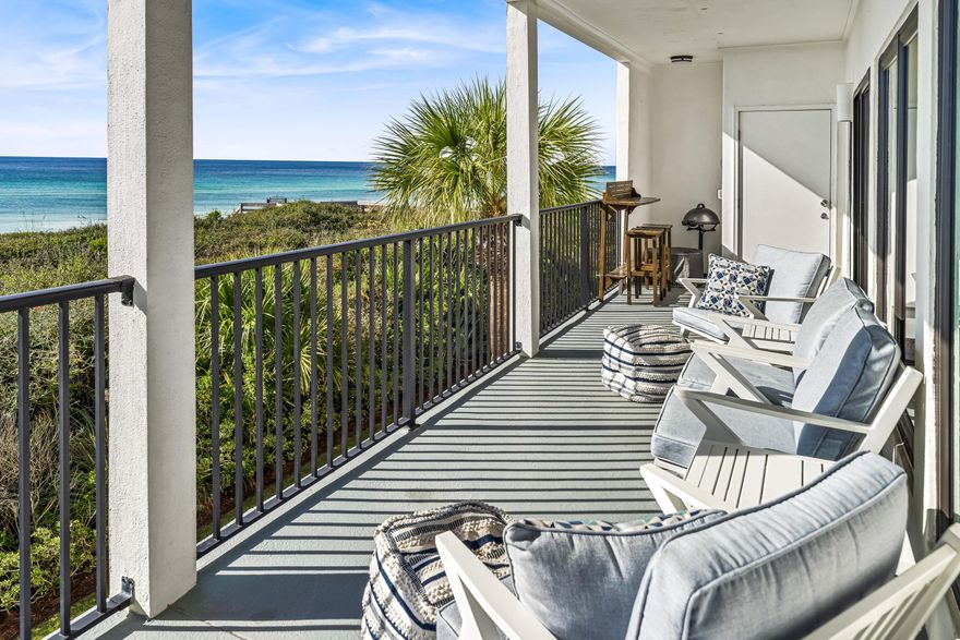 Welcome to paradise! The expansive gulf views from this perfectly situated corner unit are second to none. This offering presents a unique opportunity as homes in the highly sought after Palms of Dune Allen seldom come to market. Having undergone a fabulous complete renovation (including flooring, furnishings, light fixtures, HVAC system and hurricane windows), this owner occupied 3BR/3BA unit has new stainless appliances, quartz countertops and contemporary furnishings in a soothing, neutral color palette. Within walking distance to Gulf Place and several nearby restaurants, this gated 24 unit community offers a lovely beachside heated pool and easy access to a wide private beach. The wraparound balcony provides an excellent vantage point for watching wildlife in the mature dunes below.