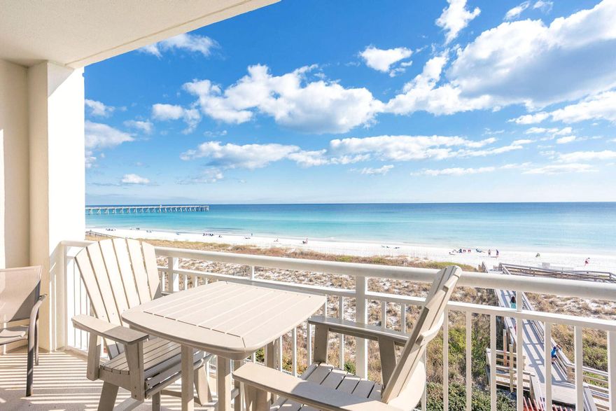Wake up to the sights and sounds of the emerald coast in this income producing Gulf front condo. This spacious 2-bedroom, 2-bath unit features a luxurious master suite overlooking the Gulf--imagine morning coffee with panoramic ocean views right from your bed. The en suite master bath offers a whirlpool tub, separate walk-in shower, and spa-like tranquility. Enjoy an additional en suite bedroom, perfect for guests or extended family. The updated kitchen boasts granite countertops, a stylish tile backsplash, and new appliances, ideal for coastal entertaining.This condo is being sold fully furnished with new, modern pieces throughout, including brand new outdoor patio furniture--perfect for sunset cocktails or lazy beach mornings.Resort-Style Amenities:Gulf-front heated pool and hot tub
State-of-the-art fitness center overlooking the Gulf of Mexico
Direct beach access just steps away
community room great for parties
Green space, gas grills, and EV charging
Other highlights:
HVAC units replaced in 2018 and 2021
Turn-key ready
Strong rental potential or perfect second home
Whether you're looking for a private retreat or an income-producing gem, this condo is a must-see. Schedule your private showing today and let the ocean views and coastal elegance speak for themselves!