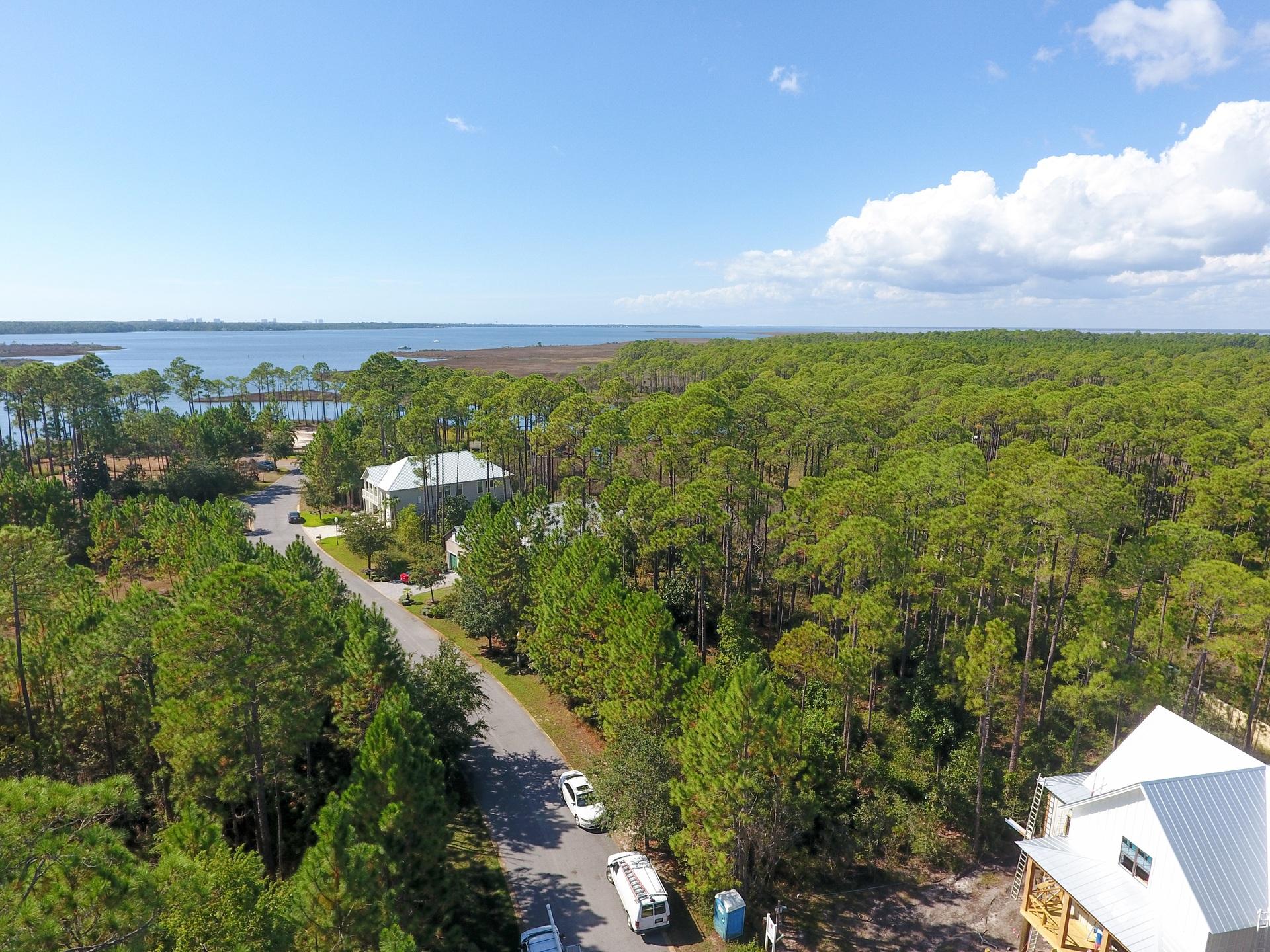 This beautiful .286 one-lot homesite is situated in an amazing and rare community type North of Hwy. 98. Your homesite will be one of the last along the north gate, very close to water. Come see the continuous water views of the bayou surrounding this community that just awaits your new home. Build at a minimum of 1600 sf ft. in the secure and double gated waterfront neighborhood. Come see the breath taking views of the bayou that you can see from the moment you enter into the community all the way to its' pool. You can access the bay right from the community dock & fishing pier or from one of two nearby boat ramps (Charles E. Cessna public park, and another deep water ramp at the end of 393 North). This community is truly your own private playground to swim, fish, kayak or go boating.