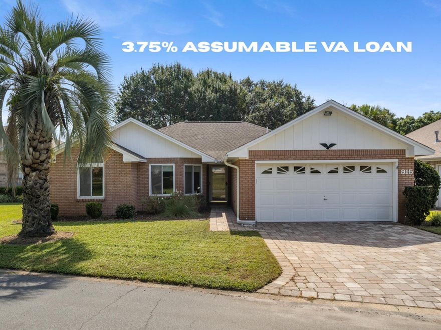 Located in the charming gated Shalimar Pointe golf course community, this single-level brick home offers practical updates and a functional layout. Recent improvements include new interior paint, carpet, updated kitchen lighting and hardware, and renovated bathrooms. The primary suite features two closets and access to the heated/cooled Florida room. Additional highlights include cathedral ceilings, bay window dining area, epoxy garage floor, generous natural light, sprinkler system, gutters, and paver driveway. Situated between the 3rd + 9th holes and in Flood Zone X (no flood ins required), this home also offers an assumable 3.75% VA loan to a qualified VA buyer. Convenient to military bases, golf, and the beaches of the Emerald Coast. Video tour available upon request. Welcome home!