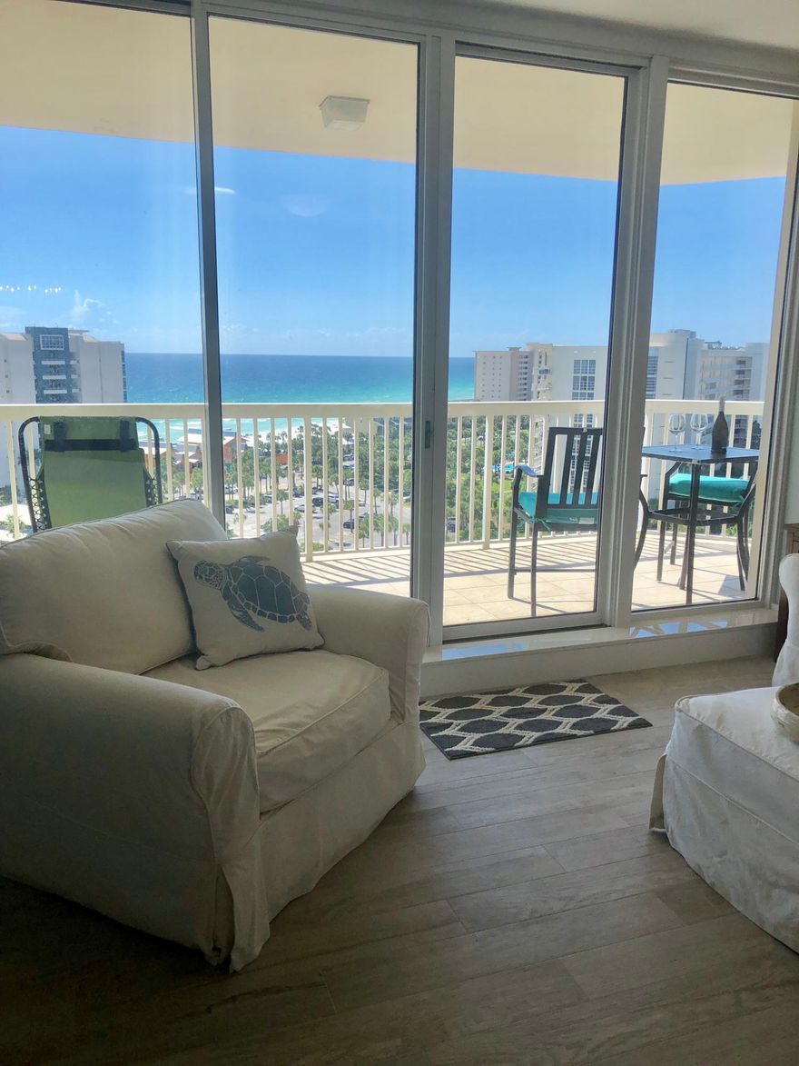 This unit is move in ready, remodeled, and fabulous! On the highest floor other than the Penthouse, you can see for miles from this fabulous location. The current owners have never rented this beautiful condo and it is evident in the condition and style. The wood type floor tile is fashionable and durable at the beach. When you see the beautiful colors, the shiplap walls and barn doors used in various places, you will want this to be your Destin destination. The condo comfortably sleeps 10 people (6 in beds and 4 on couches) making it a possible money making machine.