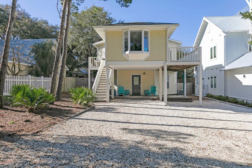 This Old Seagrove beach house is located just a block and a half East of Seaside!  Besides the prime location, this property has so much to offer!  Enjoy two separate living spaces, each equipped with a full kitchen and laundry.  There is also a fenced back yard with private pool.  The main living on second level offers three bedrooms and two baths with a bonus loft with two beds.  Downstairs you will find the second living space which includes a full kitchen, queen size bed, bunk room area, full bathroom and laundry.Sold fully furnished. Currently this home would make for an excellent beach getaway or investment property.
