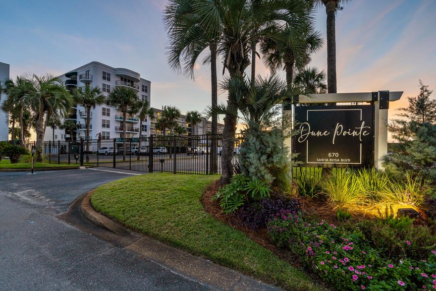 Experience Gulf-front living in this beautifully updated 2-bedroom, 2-bath condominium located in a gated building with only 20 units and a recently completed exterior renovation. The spacious, open-concept living area is filled with natural light and opens to a private balcony. Luxury vinyl plank flooring extends throughout the living areas and bedrooms, adding to the coastal appeal. The well-appointed kitchen features updated stainless steel appliances and ample counter space for cooking and entertaining. A split-bedroom layout provides privacy, with each bedroom offering its own en-suite bath. Additional conveniences include a full-size washer and dryer, walk-in closet, and two owner's closets for extra storage. Dune Pointe residents enjoy a heated community pool, private beach access,  and an outdoor shower station. With a strong rental history and prime Gulf location, this property is ideal as an investment, vacation getaway, or year-round home by the beach.
