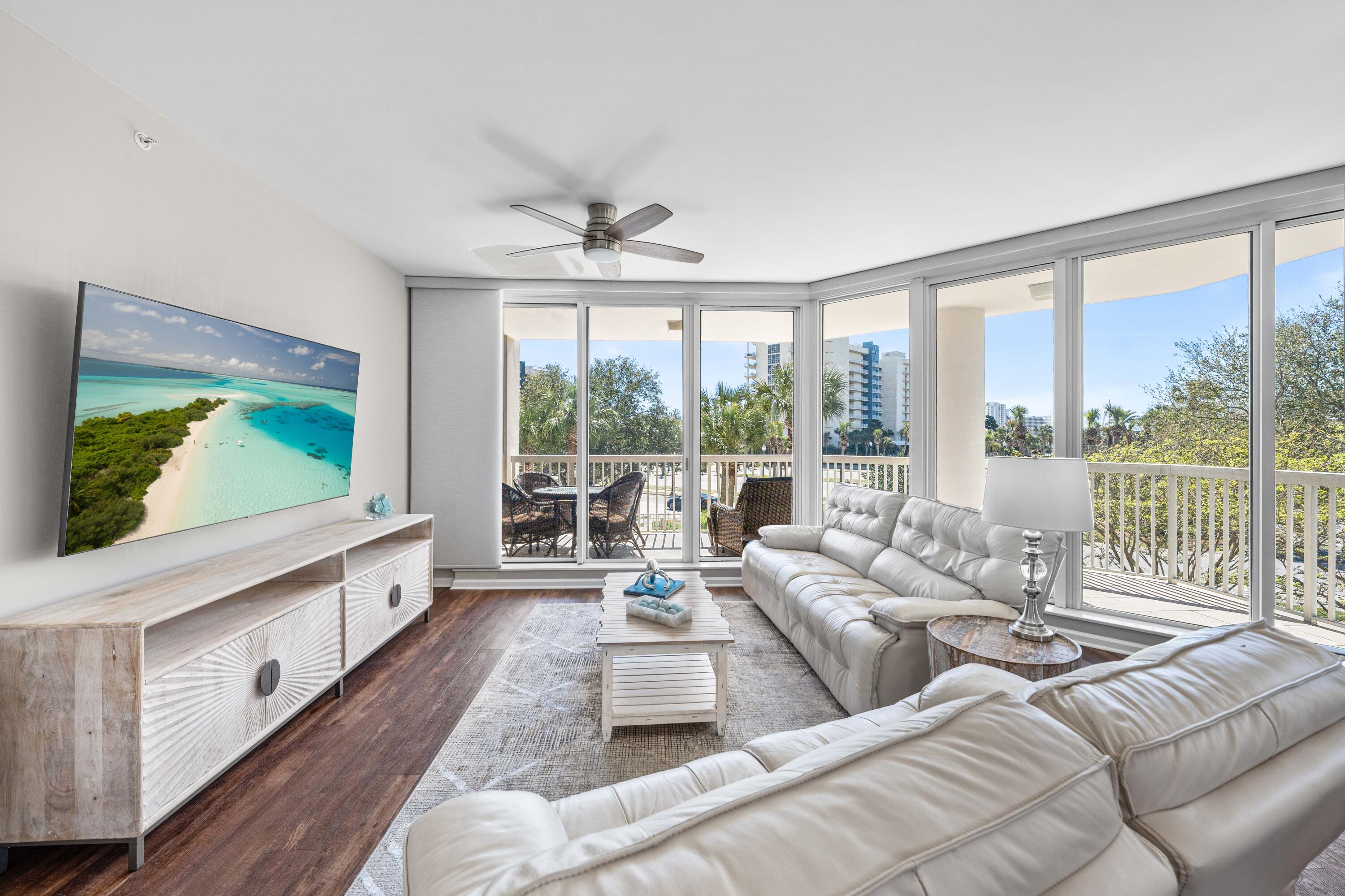 Discover coastal elegance in this gorgeous luxury end-unit condo in the exclusive St. Lucia building at the Silver Shells Resort in Destin where over 1000 feet of private beach with turquoise water and sugar white sand await. Perfect for a permanent residence, beach getaway or short term rental, St. Lucia 306 features calming coastal colors and decor, luxury LVP flooring throughout, quartz countertops, stainless steel appliances, modern lighting, floor-to-ceiling blinds, high ceilings, auto reclining cream color leather sofa and loveseat, and huge windows that allow an abundance of natural light. The open-concept living and dining area extends to two expansive balconies, with Gulf views from the living room balcony. The primary suite includes a king-sized bed, walk-in closet, and it opens to the balcony while the primary en-suite bathroom features dual vanities, a whirlpool tub, walk-in shower, owner's closet and separate linen closet. A split-bedroom layout offers privacy for guests whose bedrooms are on the other side of the foyer; a king bedroom with ensuite bathroom and another bedroom with twin beds and ensuite bathroom both open to the second covered balcony. Additional highlights include a full-size laundry room with utility sink, and electronic filter on the HVAC to filter dust and allergens, four smart TVs (all under two years old), and a 75-inch living room TV- not to mention glimpses of the gorgeous gulf waters from the dining table, the master bedroom and the living area. The unit comes with not only an on-site storage cage for beach gear and other items, but it also includes a dedicated, covered parking space perfect for Florida's warm or occasionally wet weather.
Bonus Features:
HVAC (2019)
New dishwasher
Halo water leak detection system in every unit
Enjoy resort-style amenities, including a massive 7500 square foot lagoon pool, a heated indoor pool, a children's pool and playground, hot tub, fitness center, on-site spa, beachside tiki bar, grill area, tennis courts, pickleball courts, basketball court and Ruth's Chris Steak House. Securely located behind a gated entrance with 24-hour security, and right in the heart of Destin beside Restaurant Row and close to activities like The Track, Big Kahunas Water Park, Destin Commons, the Destin Harbor and Crab Island, St. Lucia 306 is coastal perfection as either a beach retreat or rental investment. Cruise on over to see how good the coastal life can be at St. Lucia 306.