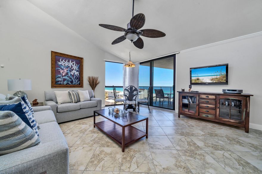 MUST SEE since upgrades! Incredible views of the Gulf and beach from this TOP floor condo in the popular Mainsail Resort! Fully furnished, rental ready w/great rental history. JUST COMPLETED UPGRADES fresh paint, new sofas ,new main bdrm mattress, no popcorn ceiling, new doors & sliders! Vaulted living room ceilings, sliders open to the gulf front balcony from the living room & main bdrm, comfortable, casual, lovely furnishings, and collectible beachy decor.  The kitchen comes equipped with all the comforts of home, featuring a breakfast bar to seat 6, & the open concept living/dining room. Motivated Sellers!! A mirrored wall reflects the expansive Gulf views from any angle of the room!! M bath features a dressing area with tile vanity & glass bowl lavatory, and custom "rain effect shower.  Recent Exterior improvements include a new roof and fresh paint. Favorite amenities include gated access, deeded beach access w/ wooden walkway, tennis courts (marked for other use also) fitness room, owners lounge, 2 pools, hot tub, kids splash pad/playground, plus sidewalk access to numerous and various types of restaurants, shopping areas, golf courses and Sandestin area attractions, Mainsail and condo #383 will be your favorite beach destination.