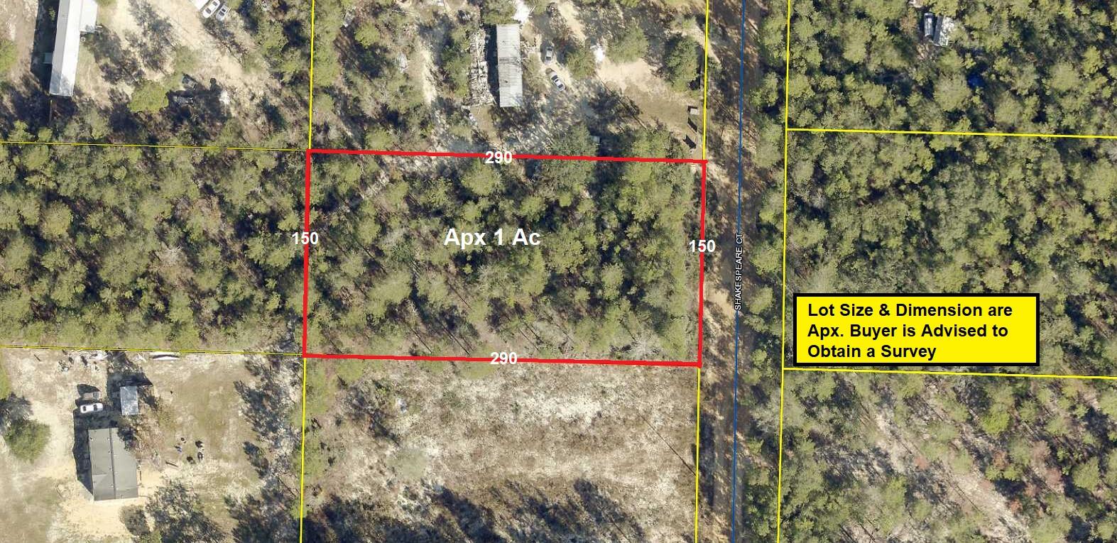 1 acre lightly wooded lot in growing Mossy Head area of Defuniak Springs. Power runs along Shakespeare Ct. Public water is currently NOT available in this area. Well & septic tank would be required.