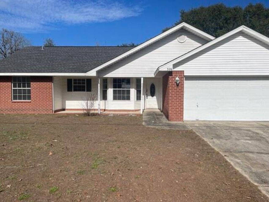 Real Estate Owned Spacious 3 bedroom home on the very south side of Crestview. Quick access to Hwy 85 for easy access to bases, beaches, and more. No wasted space in this home, with open kitchen, dining, and living room with brick wood burning fireplace. Two spacious bedrooms with a separate full bath to the left, and large master suite with walk in closet to the right. This home also features a large inside laundry room with extra storage space. Large storage building out back. This is a perfect home for any size family in an absolutely perfect location. The home sits on an oversized lot of over a quarter acre, providing plenty of room for outdoor use. Call to take a look at 326 Riverchase blvd today.