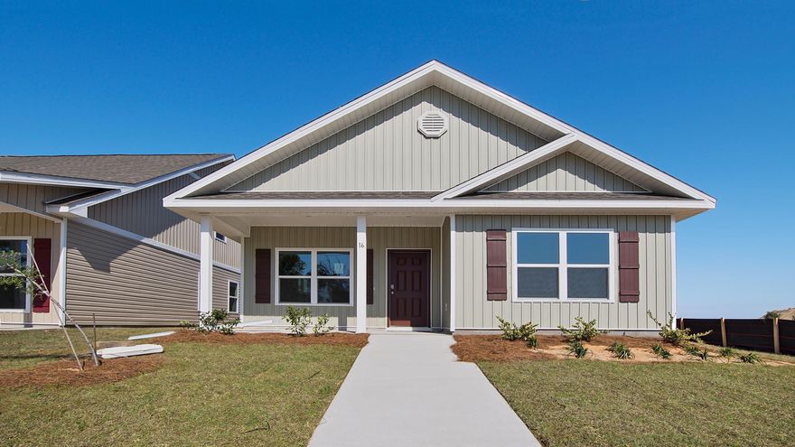 The Owl's Head community is conveniently located off of Highway 331 in Freeport.  We are only 8 miles to Interstate 10, and 16 miles to beautiful beaches and Highway 30 A.  We offer 6 floor plans, 3 and 4 bedrooms.  All homes have rear entry garages.  This community offers a community area with paved walking trails and a spring fed lake. | The Porter plan is an open floor plan with 3 Bedrooms, and 2 bathrooms. It has a covered front porch. The primary bathroom has a separate shower and large soaking tub. Elegant, engineered vinyl plank flooring in the kitchen and living area pops against granite countertops and upgraded wall to wall carpet lines the bedrooms.